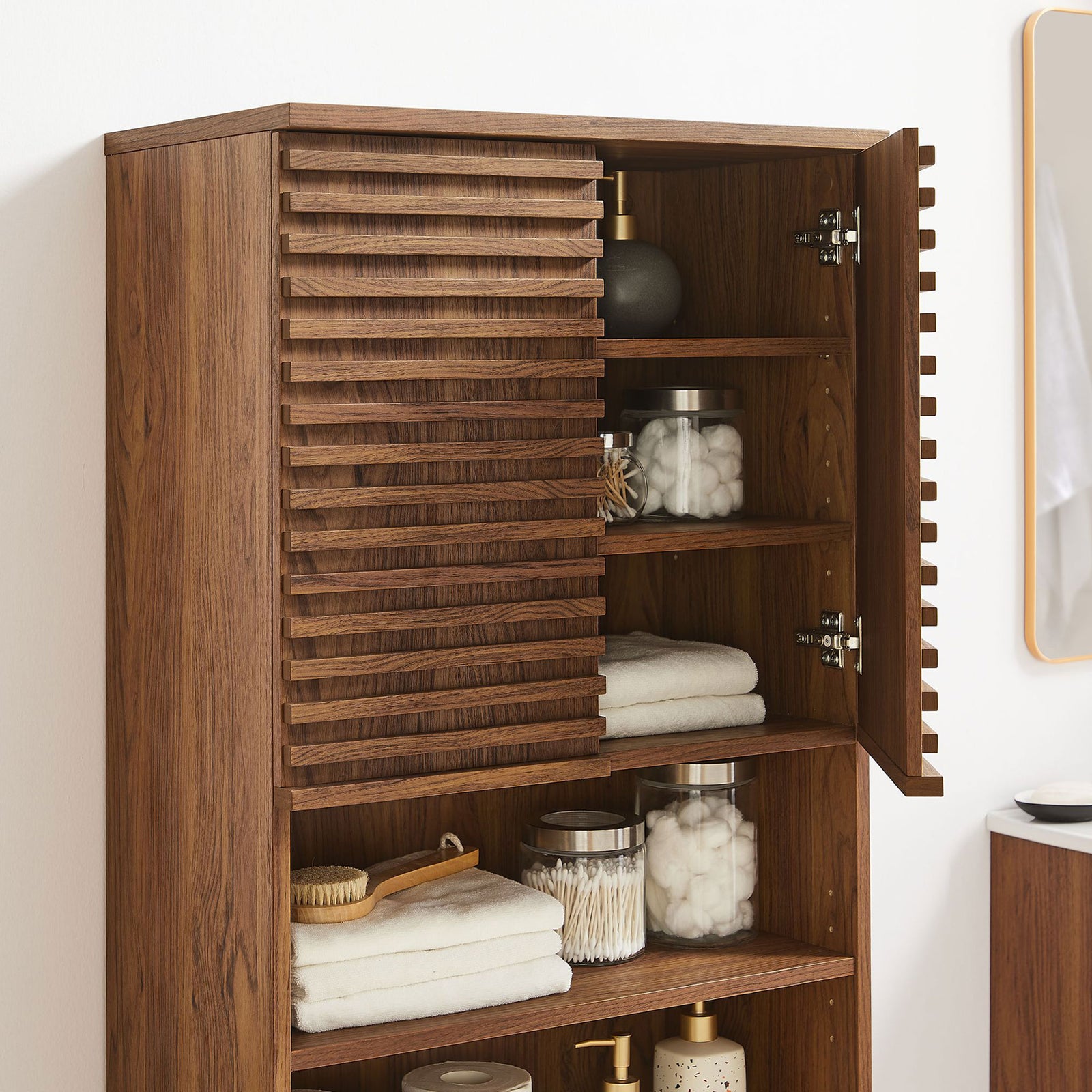 Organized storage with adjustable shelves keeps essentials tucked neatly behind slatted doors || EEI-6852-WAL || storage_open_room