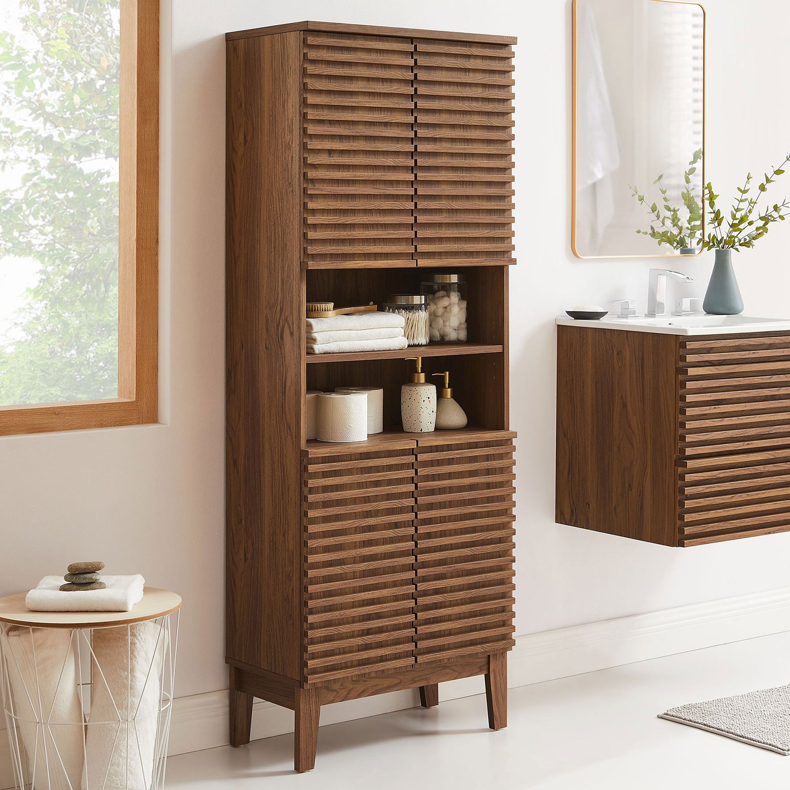 Space-saving storage tower with mid-century style and everyday utility || EEI-6852-WAL || front_angle_room