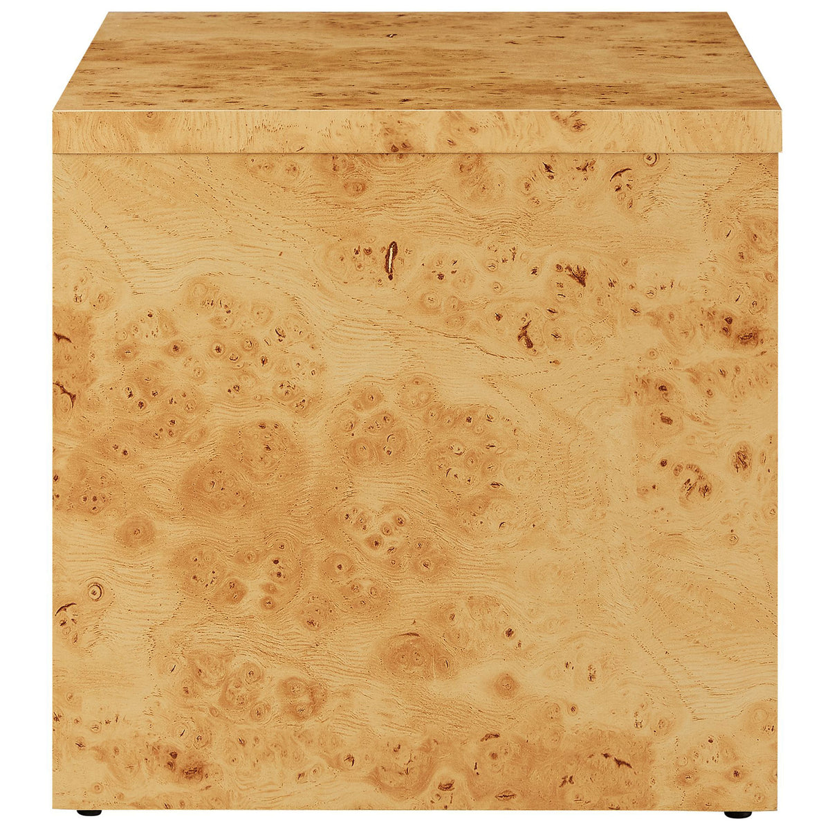 Natural burl wood texture wraps the clean slab-style profile of the Hudson nightstand || EEI-6855-BUR || side_studio