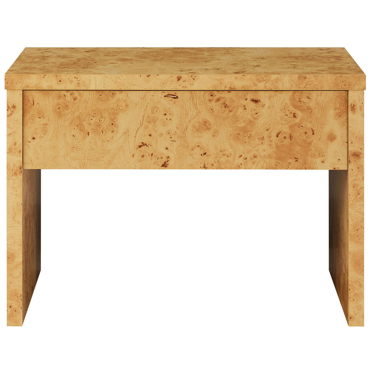 Hudson burl wood nightstand with wide concealed drawer and open base for an airy look || EEI-6855-BUR || front_studio