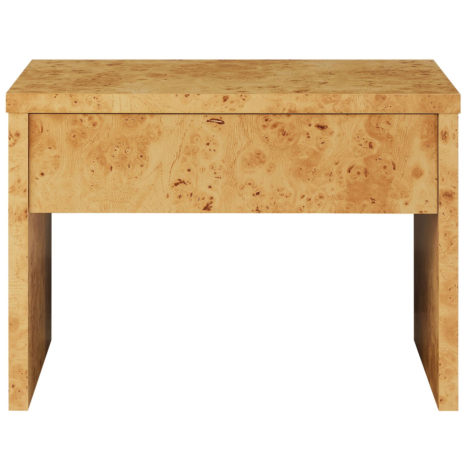 Hudson burl wood nightstand with wide concealed drawer and open base for an airy look || EEI-6855-BUR || front_studio