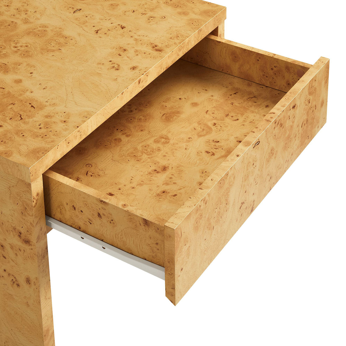 Spacious full-glide drawer reveals smooth burl wood interior for hidden bedside storage || EEI-6855-BUR || storage_open_studio
