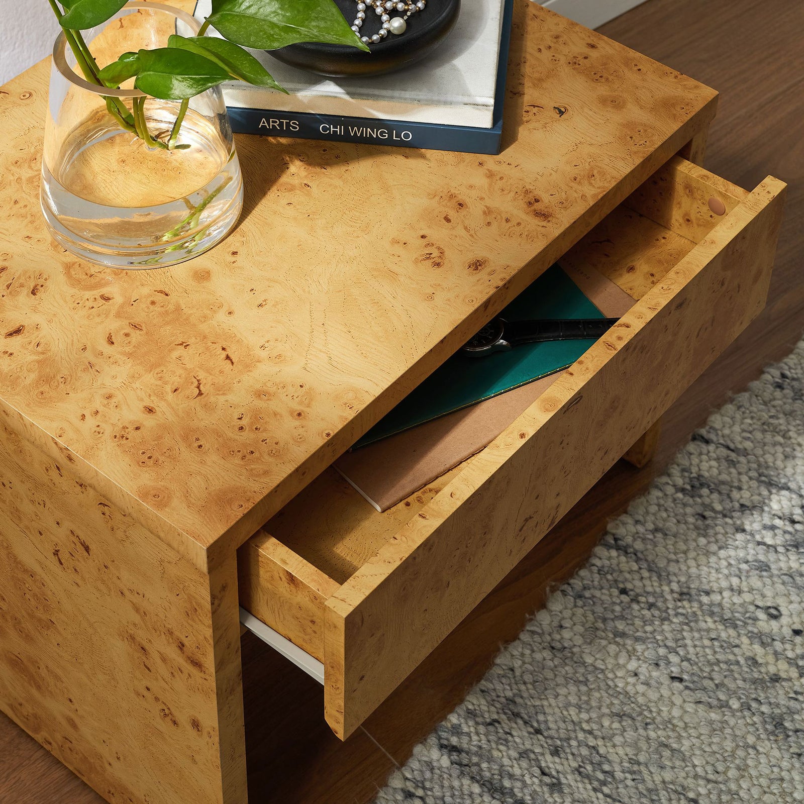 Hudson burl wood nightstand styled bedside with decor on top and drawer open for storage || EEI-6855-BUR || storage_open_room
