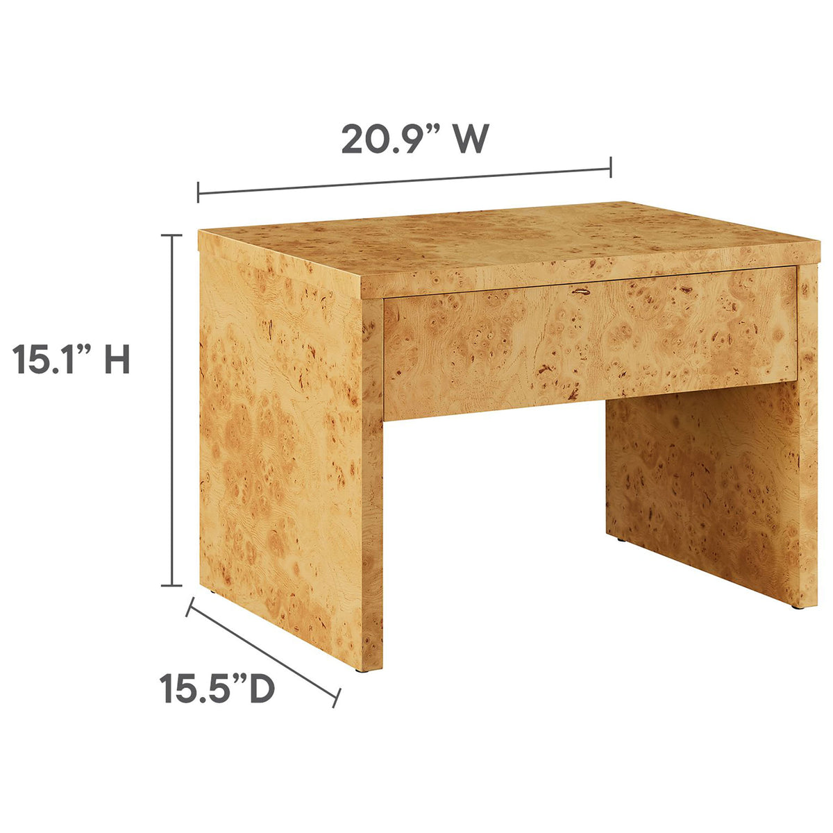 Dimension diagram of the Hudson burl wood nightstand showing its compact width depth and height || EEI-6855-BUR || dimension_studio