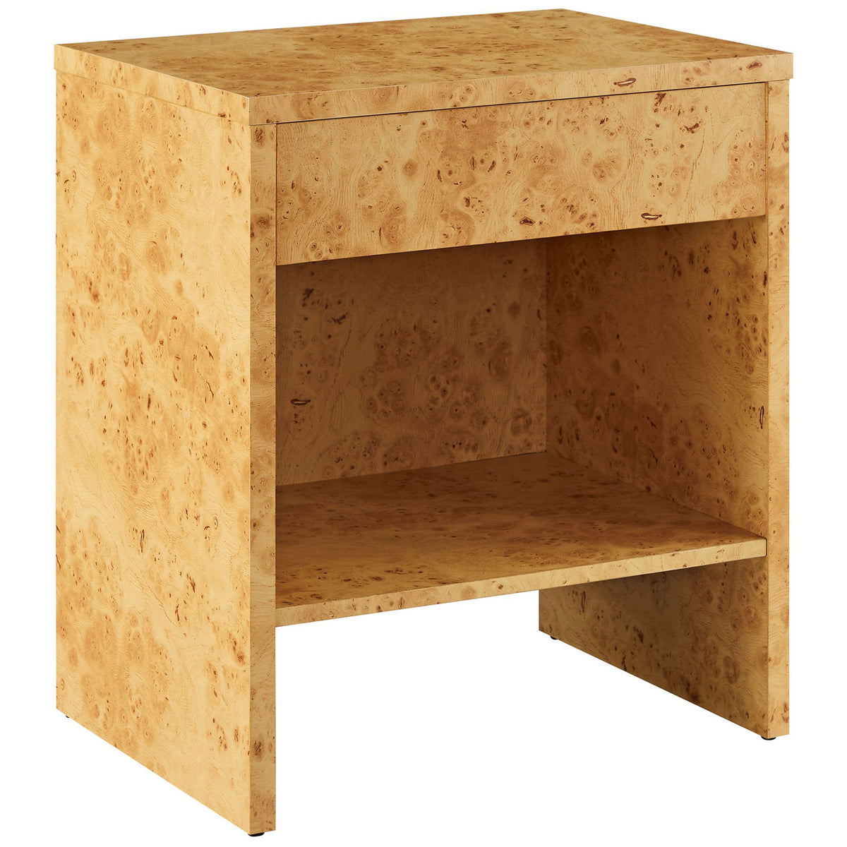 Hudson burl wood nightstand showcases its rich grain pattern, clean lines, and handy drawer with lower shelf. || EEI-6856-BUR || front_angle_studio