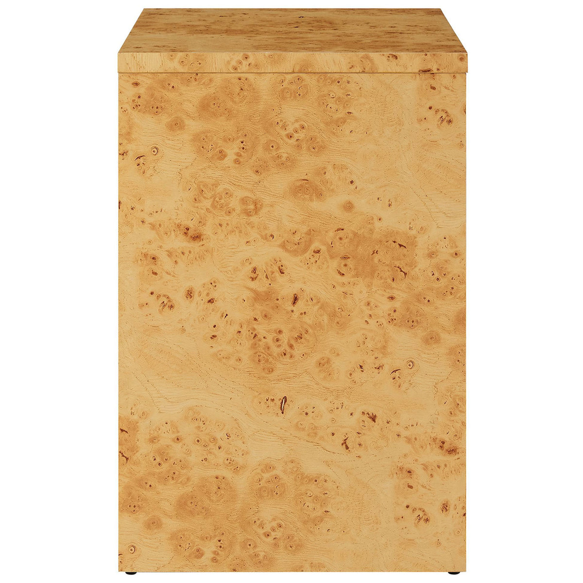 Side profile of the Hudson burl wood nightstand highlighting its slim footprint and continuous burl veneer finish. || EEI-6856-BUR || side_studio
