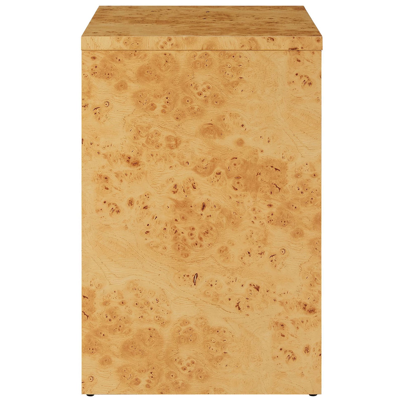 Side profile of the Hudson burl wood nightstand highlighting its slim footprint and continuous burl veneer finish. || EEI-6856-BUR || side_studio