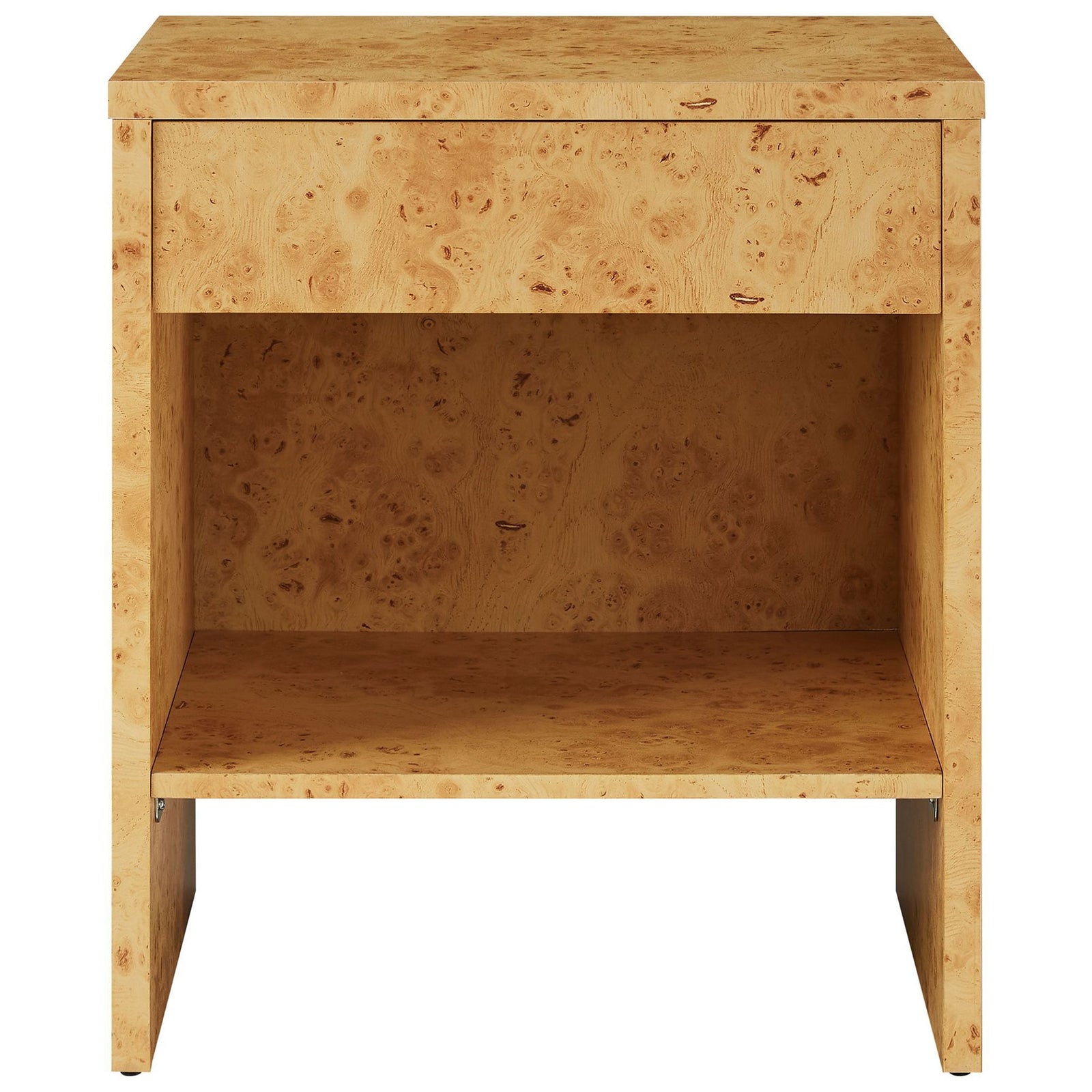 Minimalist Hudson burl wood nightstand with a smooth drawer front and open shelf for modern bedrooms. || EEI-6856-BUR || front_studio