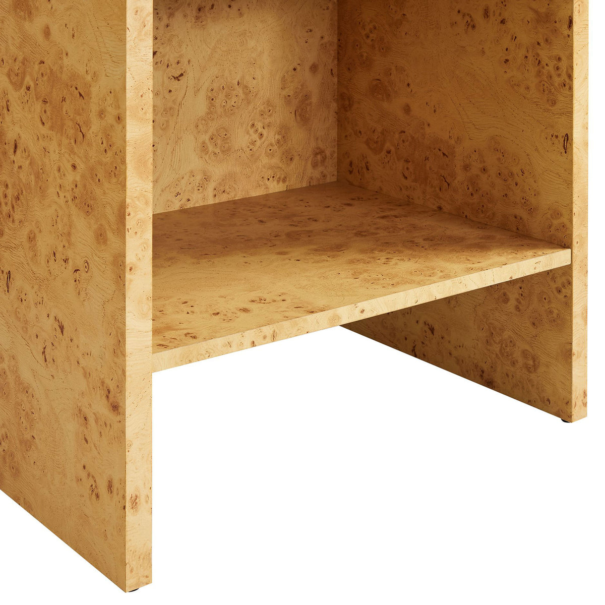 Detail of the Hudson nightstand lower shelf showing the natural burl wood laminate and sturdy panel construction. || EEI-6856-BUR || storage_studio