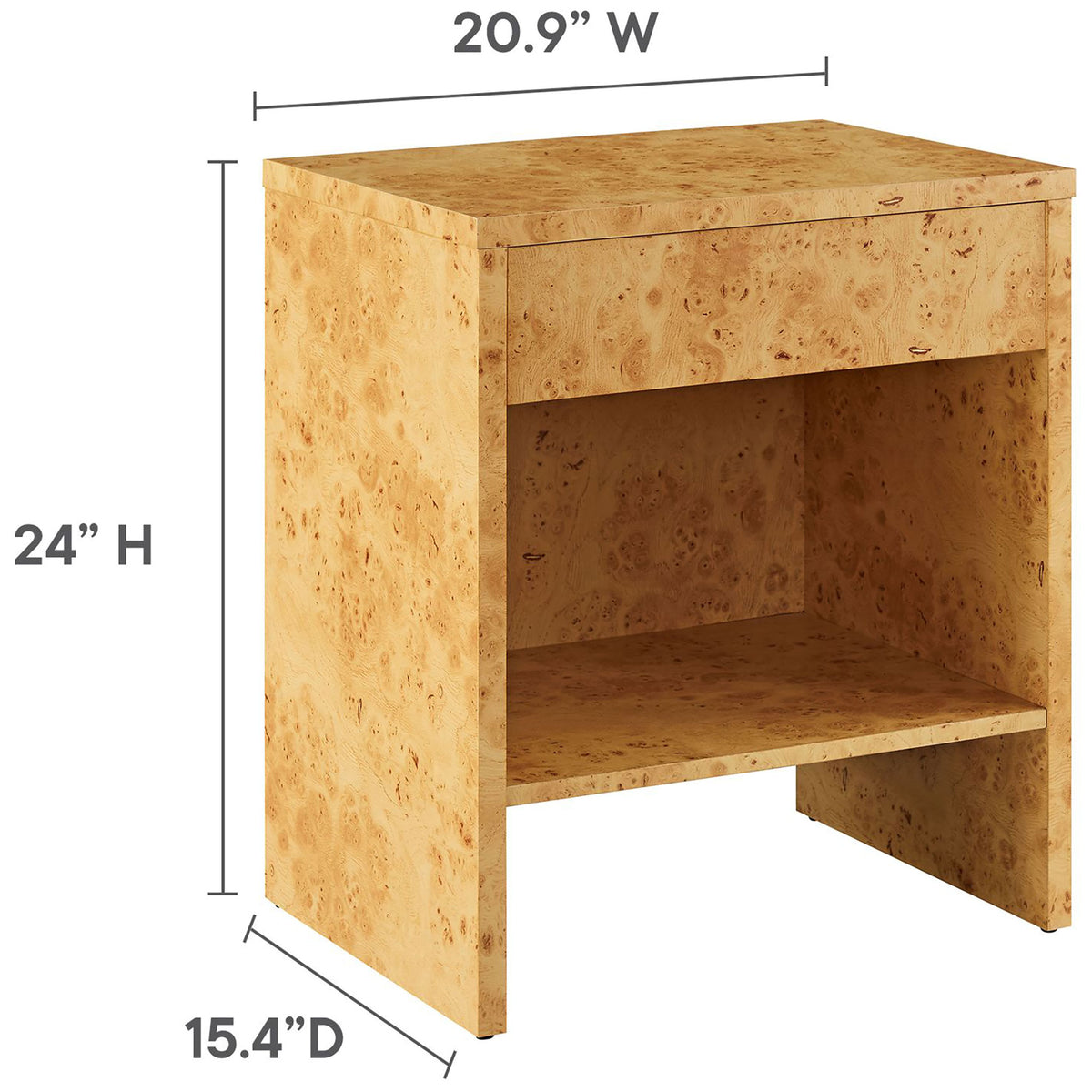 Hudson burl wood nightstand with overall height, width, and depth measurements shown for easy bedroom planning. || EEI-6856-BUR || dimension_studio