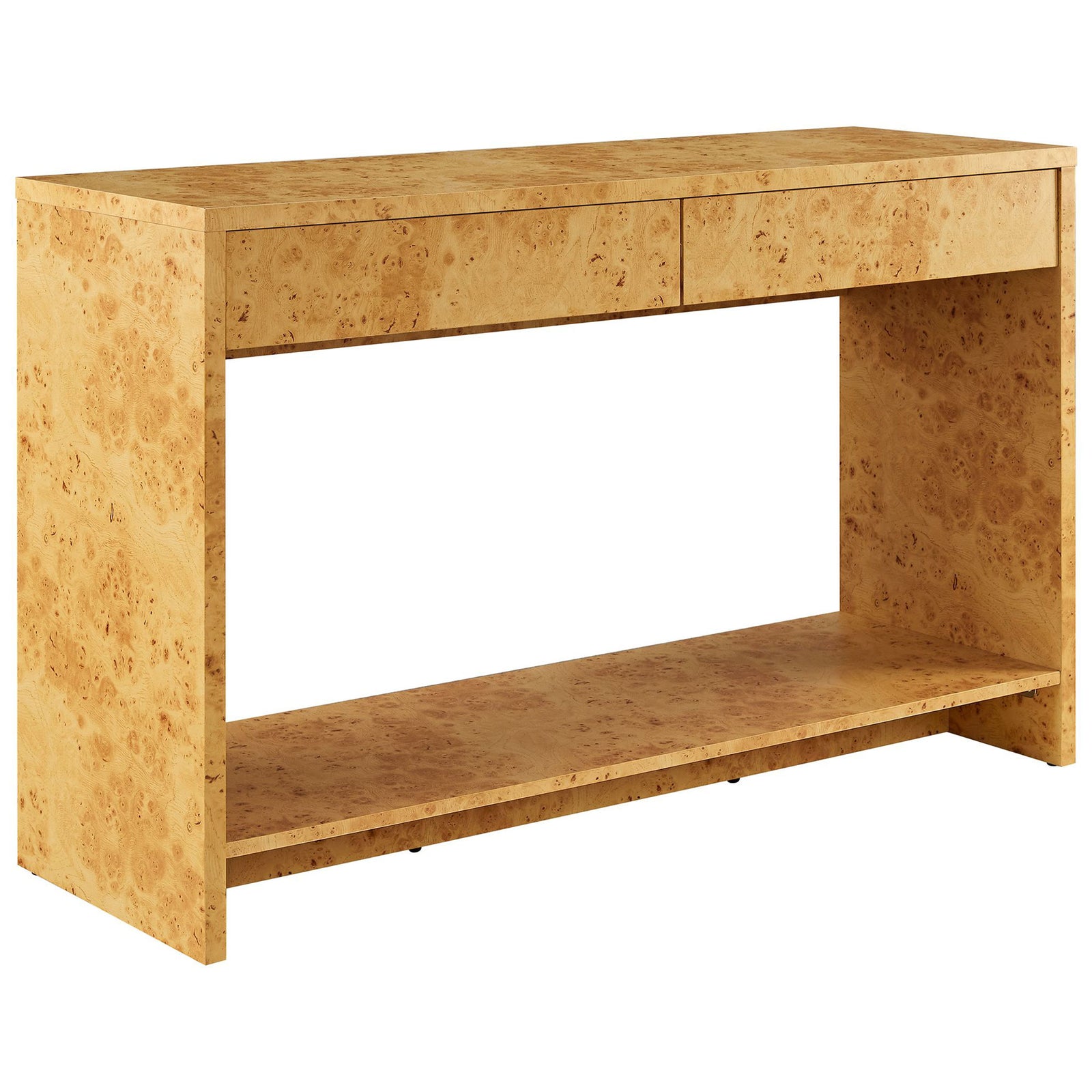 Warm natural burl finish adds depth to a clean, minimalist console with hidden storage || EEI-6857-BUR || front_angle_studio