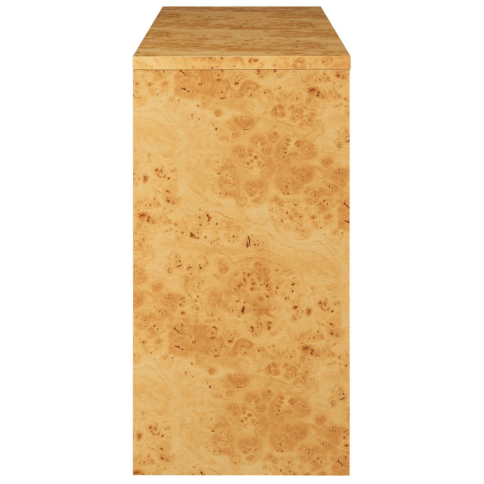 Sleek waterfall silhouette with richly patterned burl veneer and flush edges || EEI-6857-BUR || side_studio