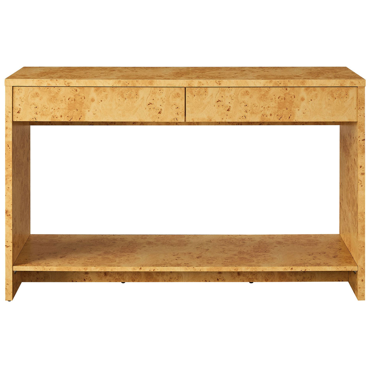 Burl wood console with two seamless drawers and a wide open shelf for display || EEI-6857-BUR || front_studio