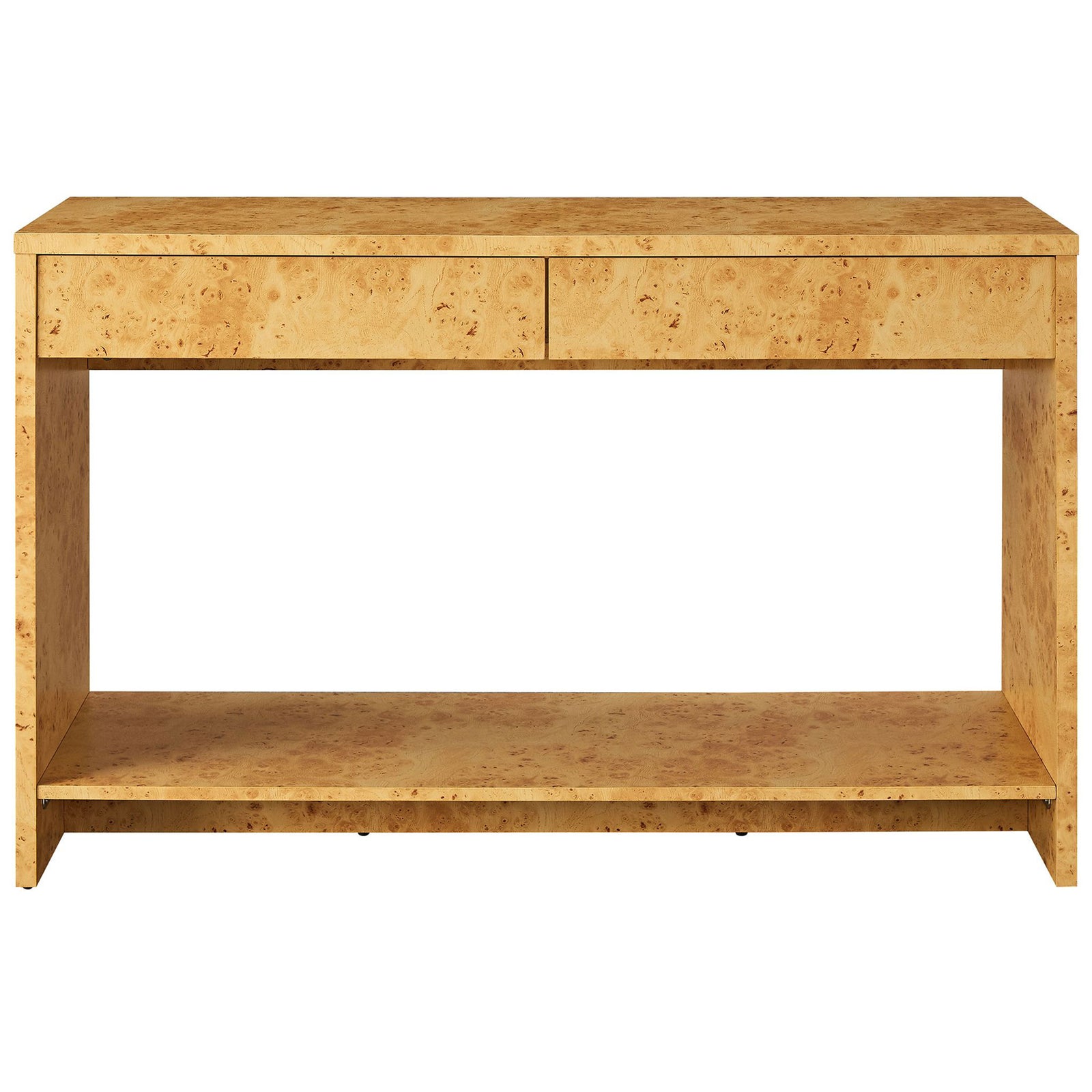 Burl wood console with two seamless drawers and a wide open shelf for display || EEI-6857-BUR || front_studio