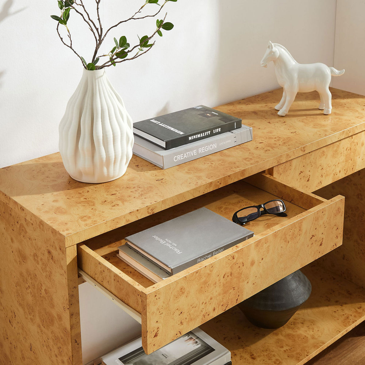 Easy-access drawer keeps clutter out of sight while the top doubles as a styling surface || EEI-6857-BUR || storage_open_room