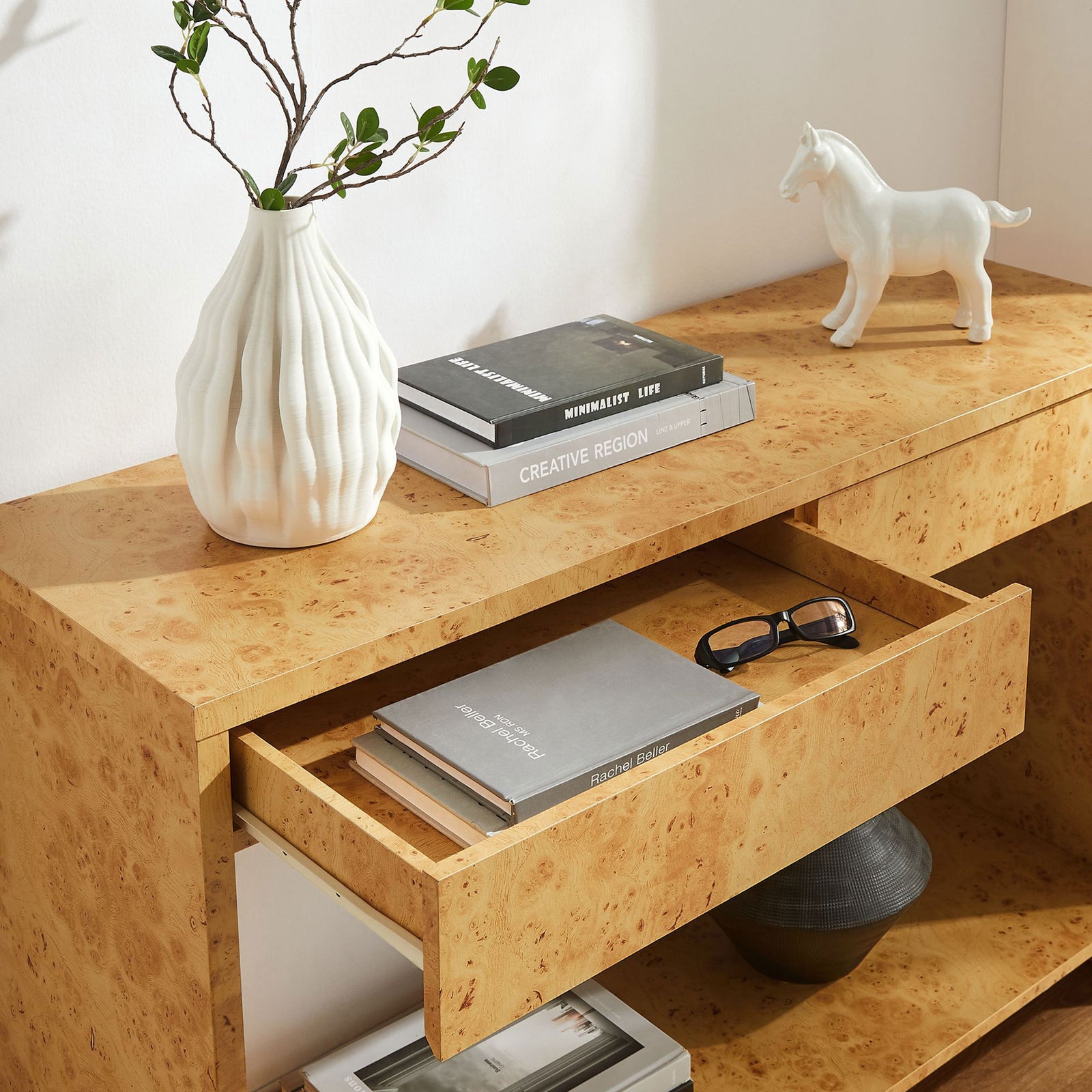 Easy-access drawer keeps clutter out of sight while the top doubles as a styling surface || EEI-6857-BUR || storage_open_room