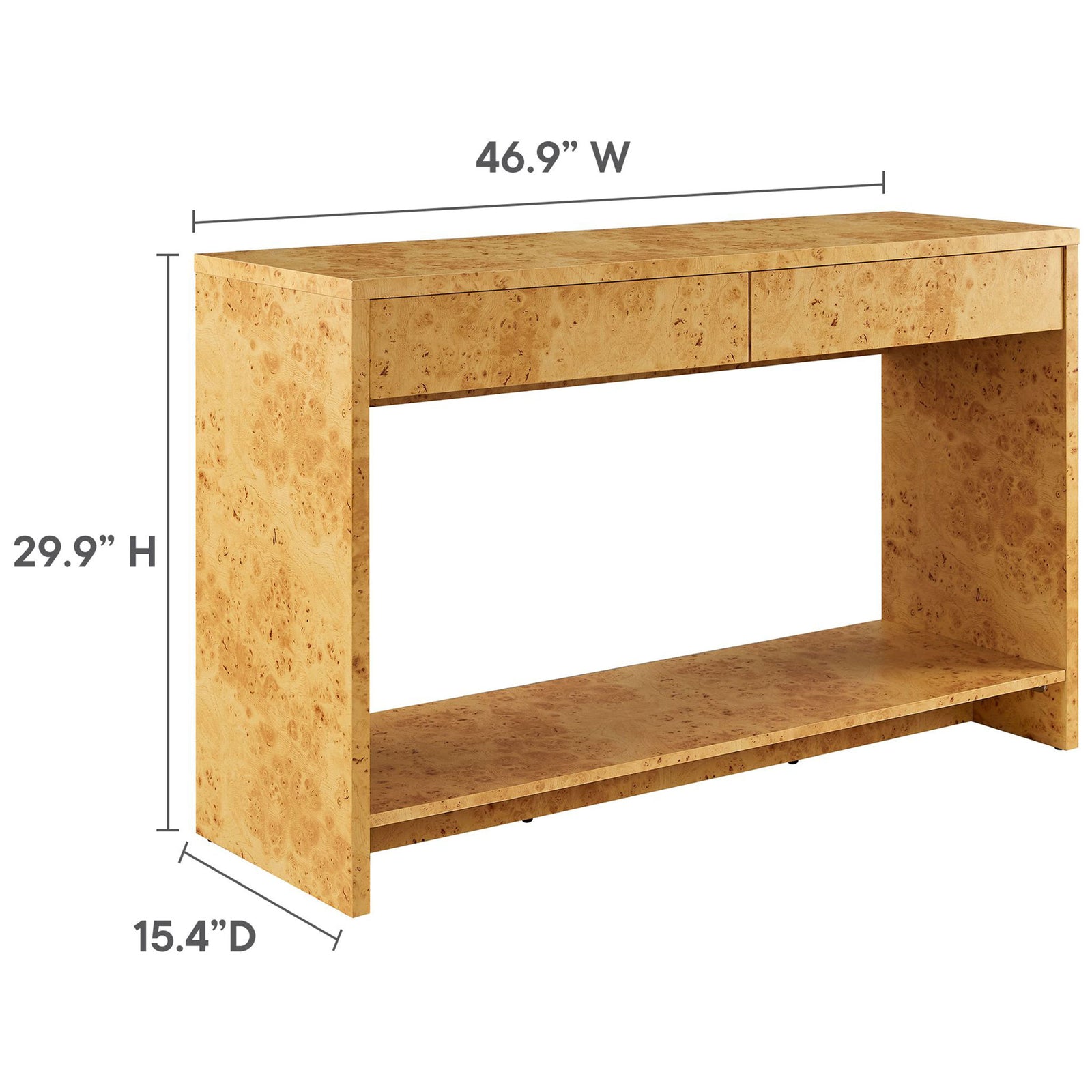 Sized to fit narrow spaces: 46.9 in W x 15.4 in D x 29.9 in H || EEI-6857-BUR || dimension_studio