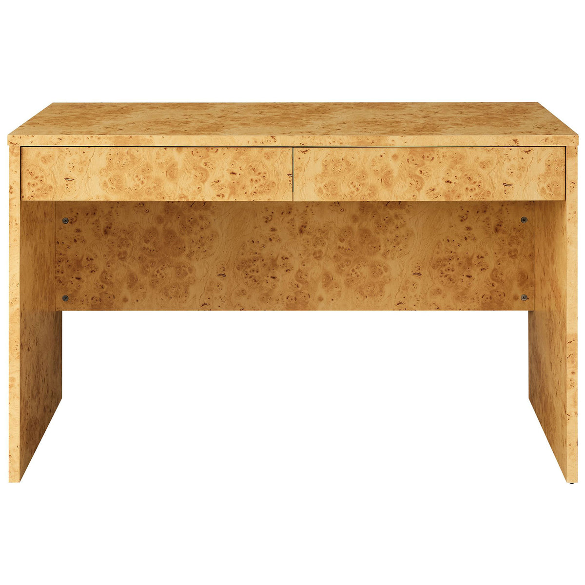 Sleek burl wood desk with two smooth-glide drawers and a clean, modern silhouette || EEI-6858-BUR || front_studio