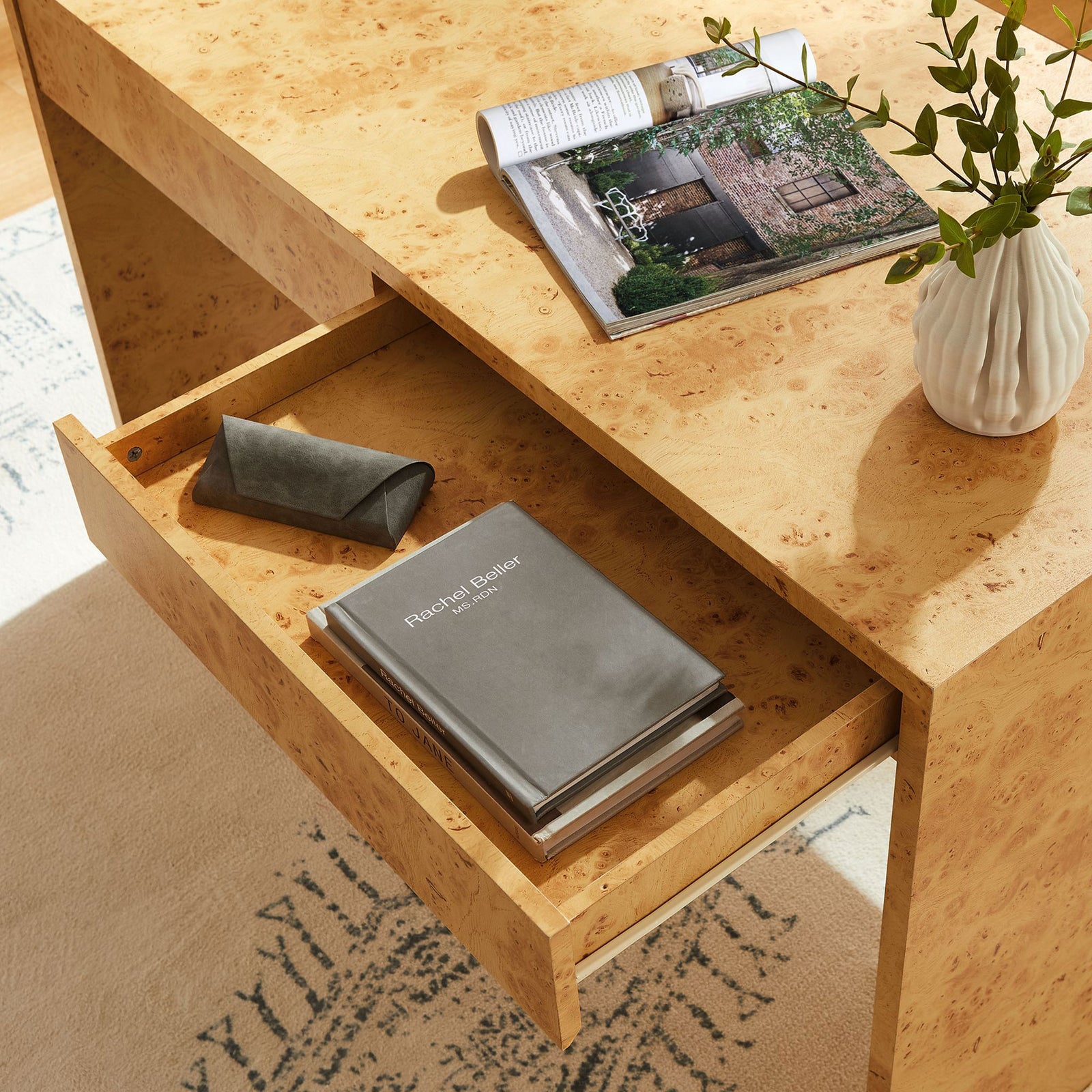 Spacious drawers keep essentials close at hand while the burl wood surface stays clutter-free || EEI-6858-BUR || storage_open_room