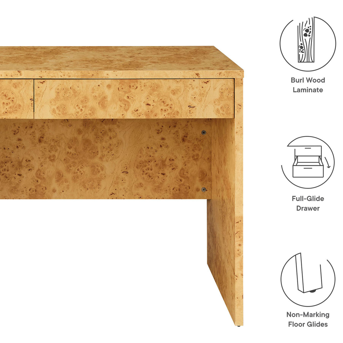 Burl wood laminate, full-glide drawers, and non-marking floor glides for everyday performance || EEI-6858-BUR || callout_studio