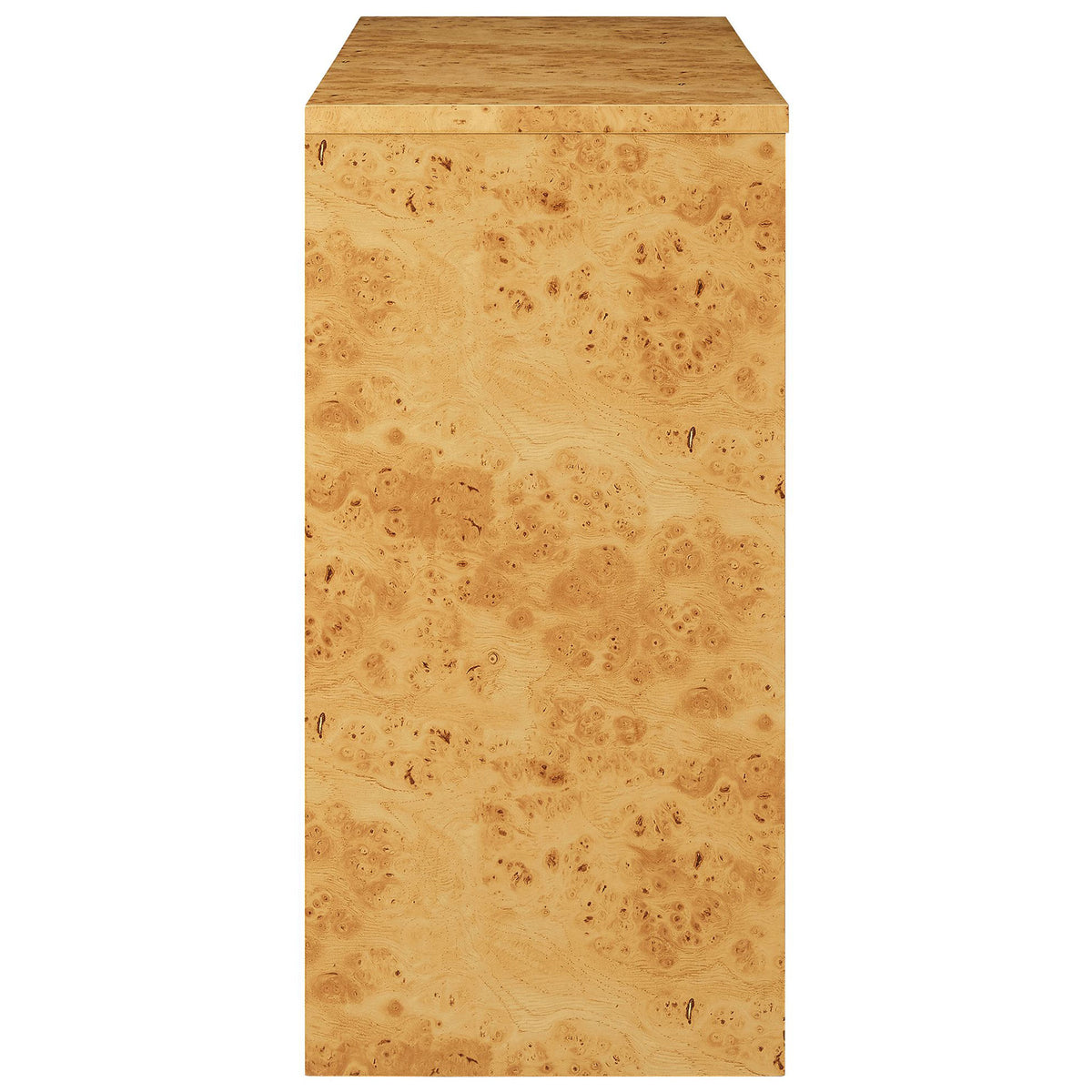 Streamlined profile of the Hudson burl wood sideboard showcasing its sleek waterfall-style edges. || EEI-6859-BUR || side_studio