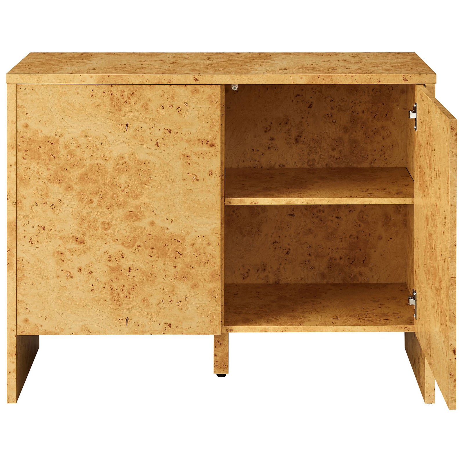 Interior shelving of the Hudson burl sideboard with soft-close doors, perfect for organized dining storage. || EEI-6859-BUR || front_open_studio