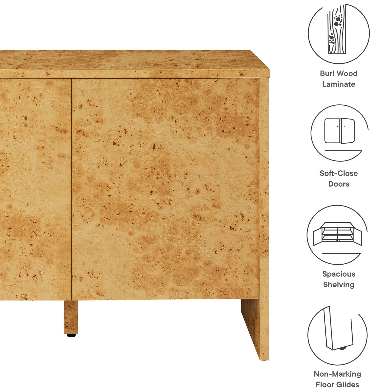 Key features of the Hudson burl sideboard include burl laminate, soft-close doors, spacious shelves, and floor glides. || EEI-6859-BUR || callout_studio