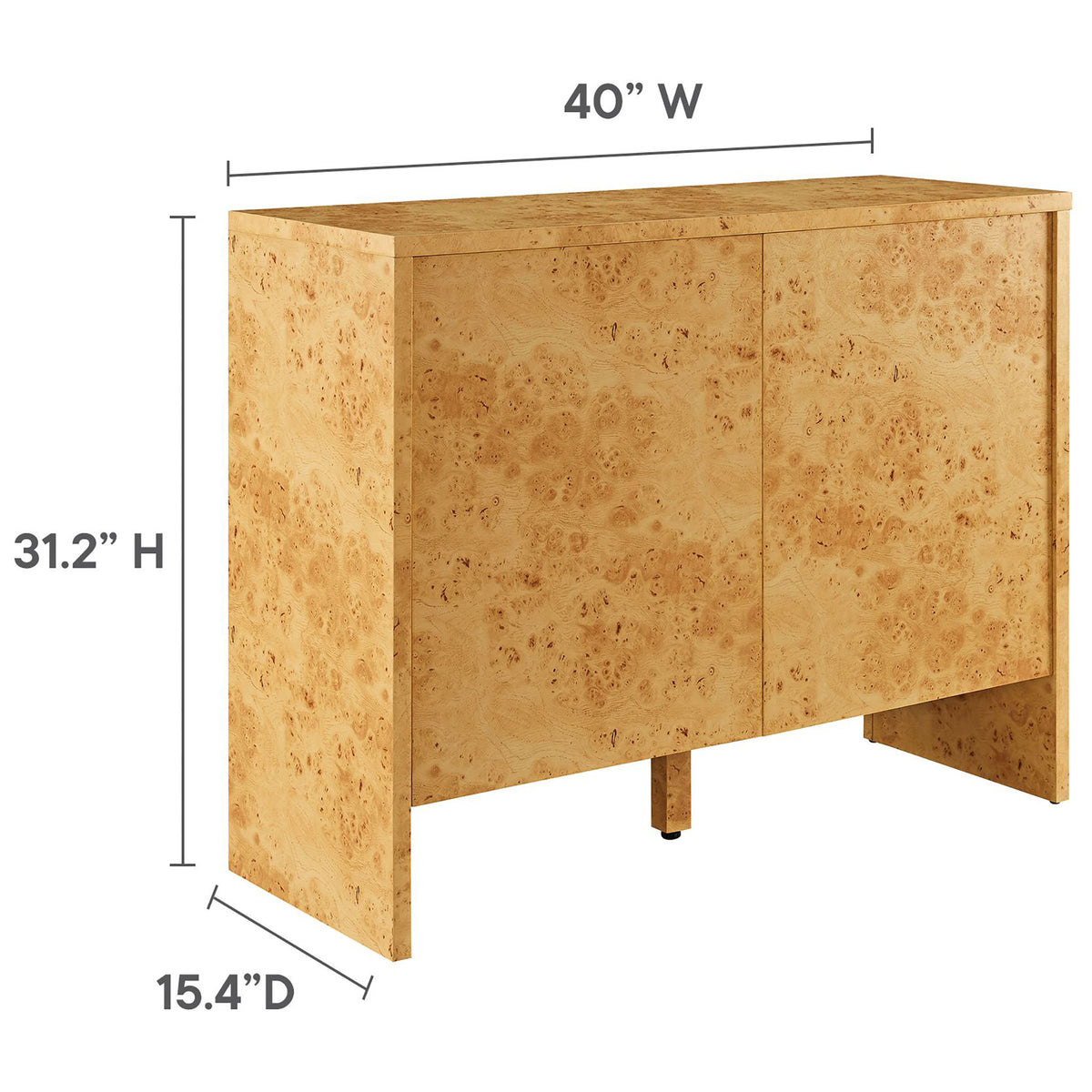 Dimensions of the Hudson 40 inch burl wood sideboard, sized for entryways, dining rooms, or living areas. || EEI-6859-BUR || dimension_studio