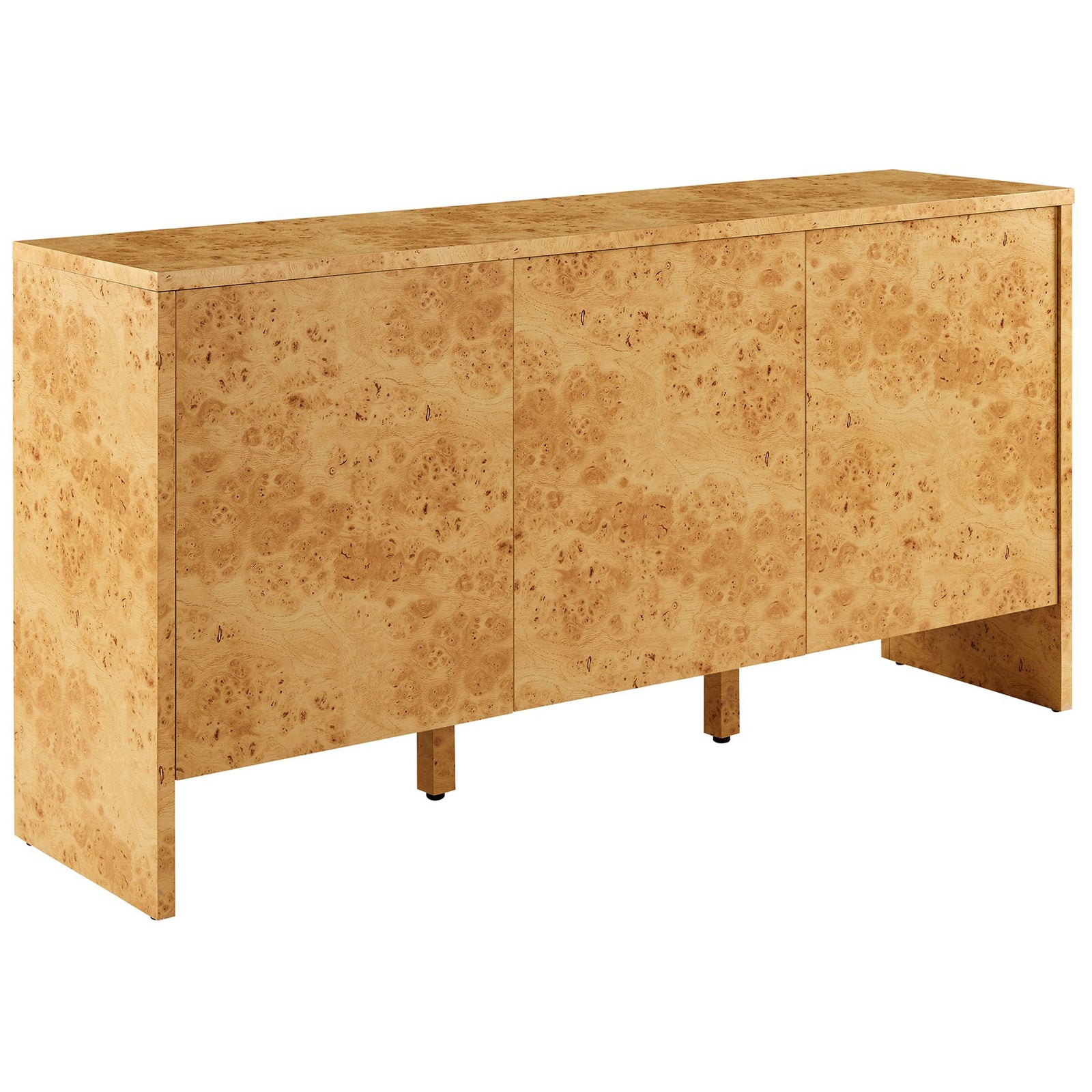 Hudson burl wood sideboard with three seamless doors and warm natural grain pattern || EEI-6860-BUR || front_angle_studio