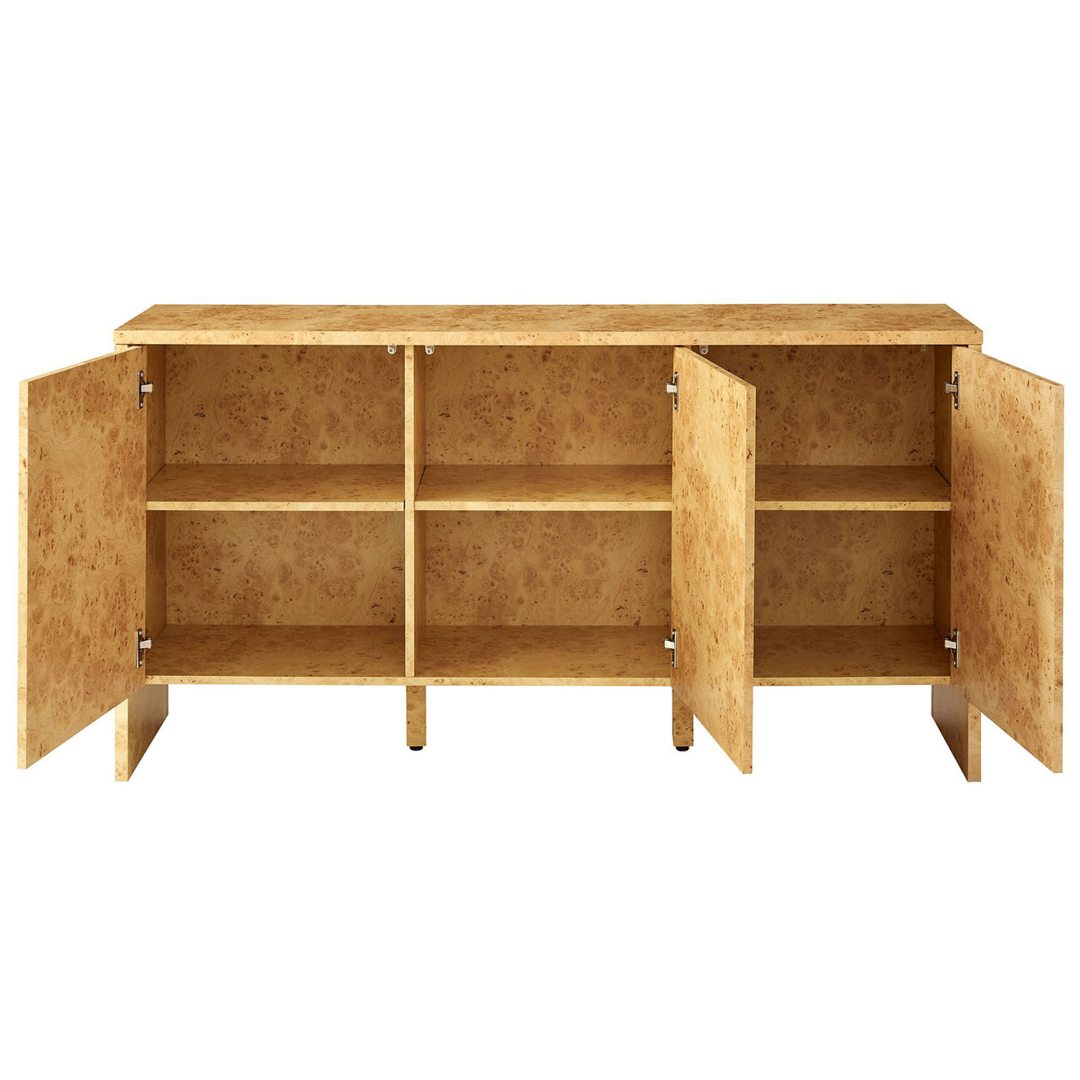 Interior shelving of the Hudson burl wood sideboard with all three doors open for storage || EEI-6860-BUR || front_open_studio