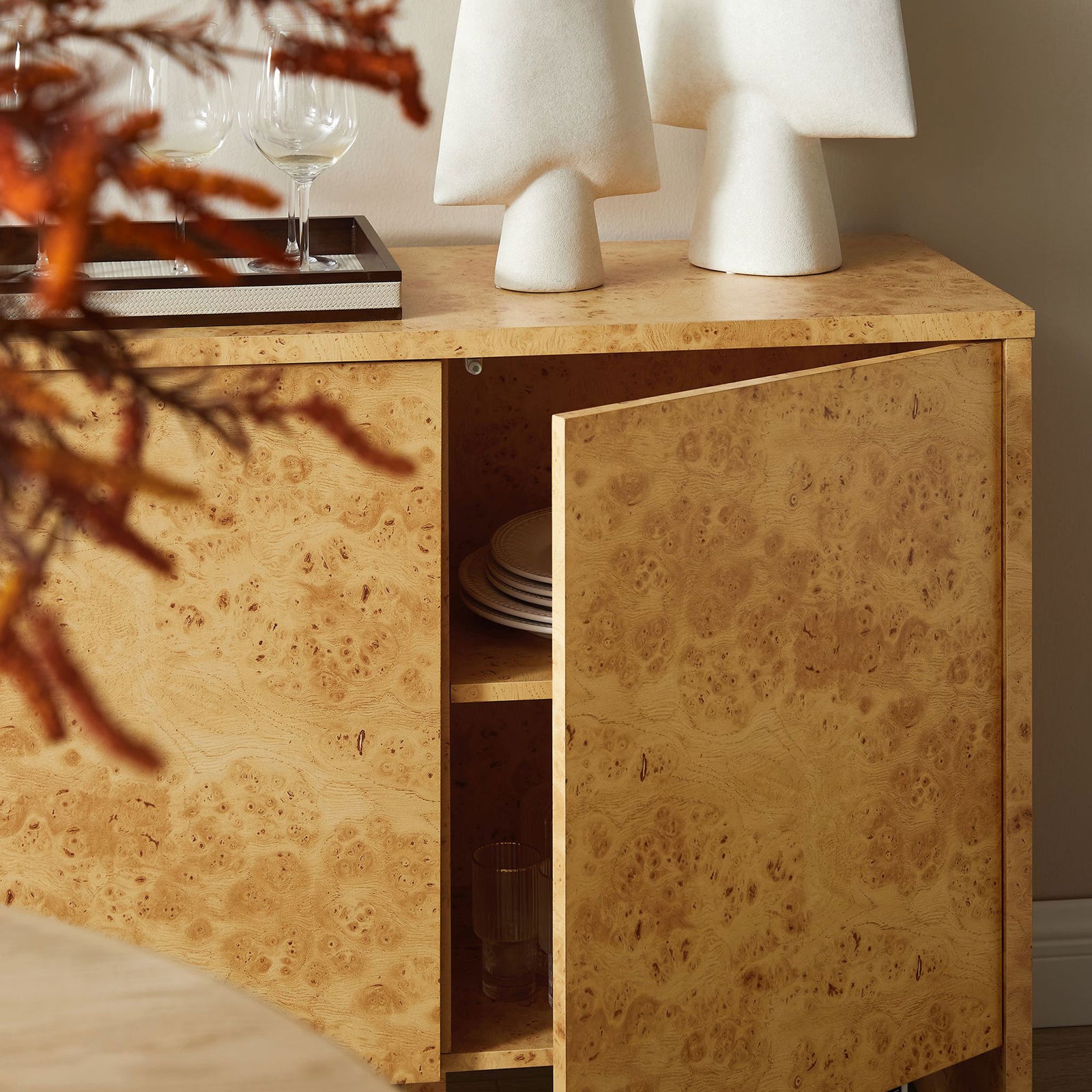Hudson burl wood sideboard styled for dining storage with one door open to reveal dishes || EEI-6860-BUR || storage_open_room