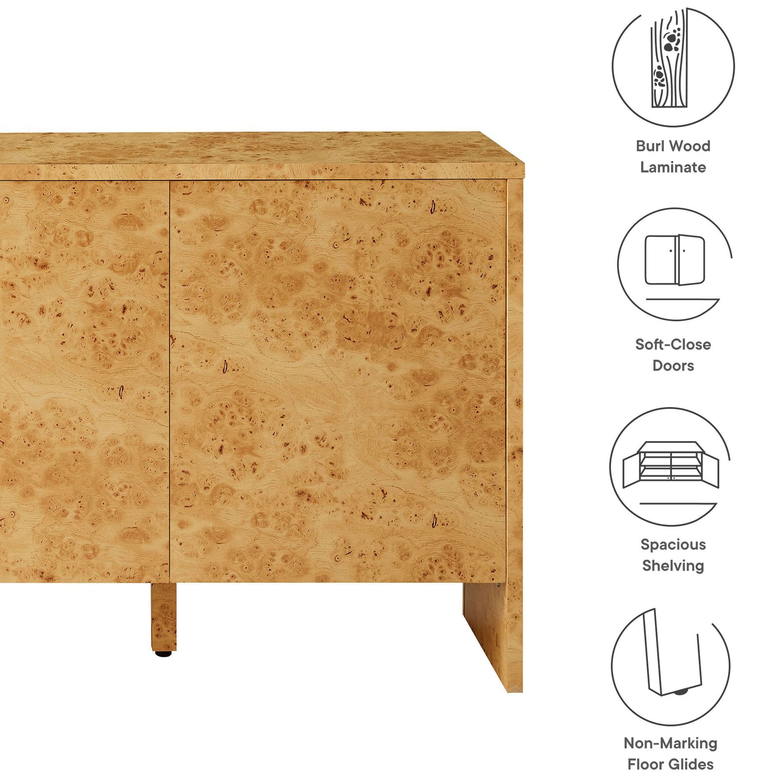 Feature overview of the Hudson burl wood sideboard highlighting laminate finish, shelving, and floor glides || EEI-6860-BUR || callout_studio