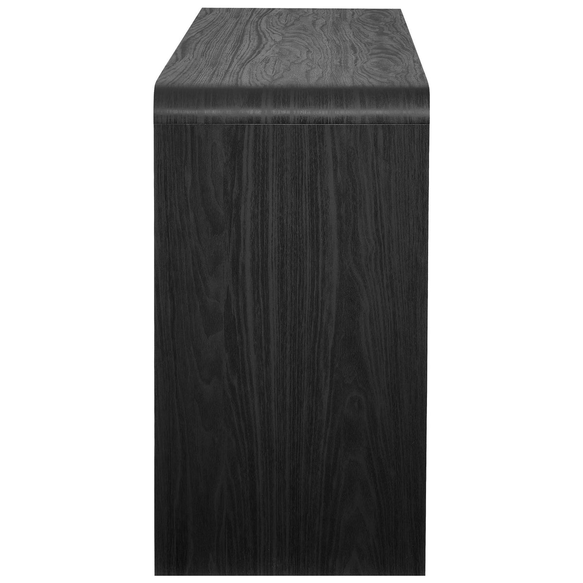 Black sideboard showcasing its slim profile and continuous wood grain finish along the side and top || EEI-6862-BLK || side_studio