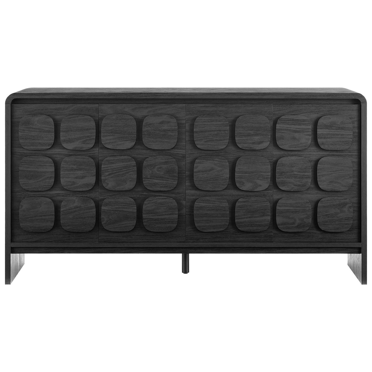 Black mid-century sideboard with sculpted circular door panels and slim center support leg || EEI-6862-BLK || front_studio