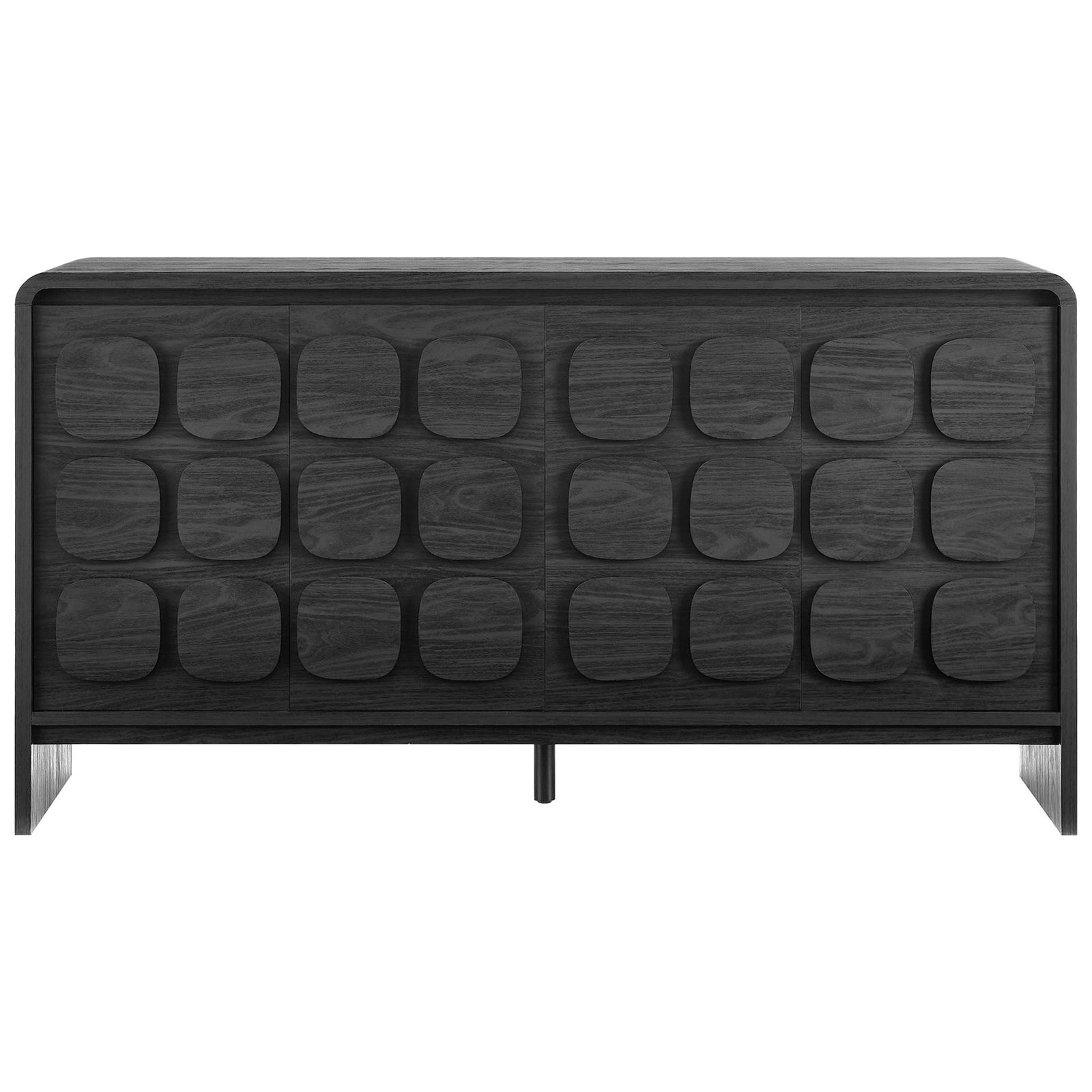 Black mid-century sideboard with sculpted circular door panels and slim center support leg || EEI-6862-BLK || front_studio