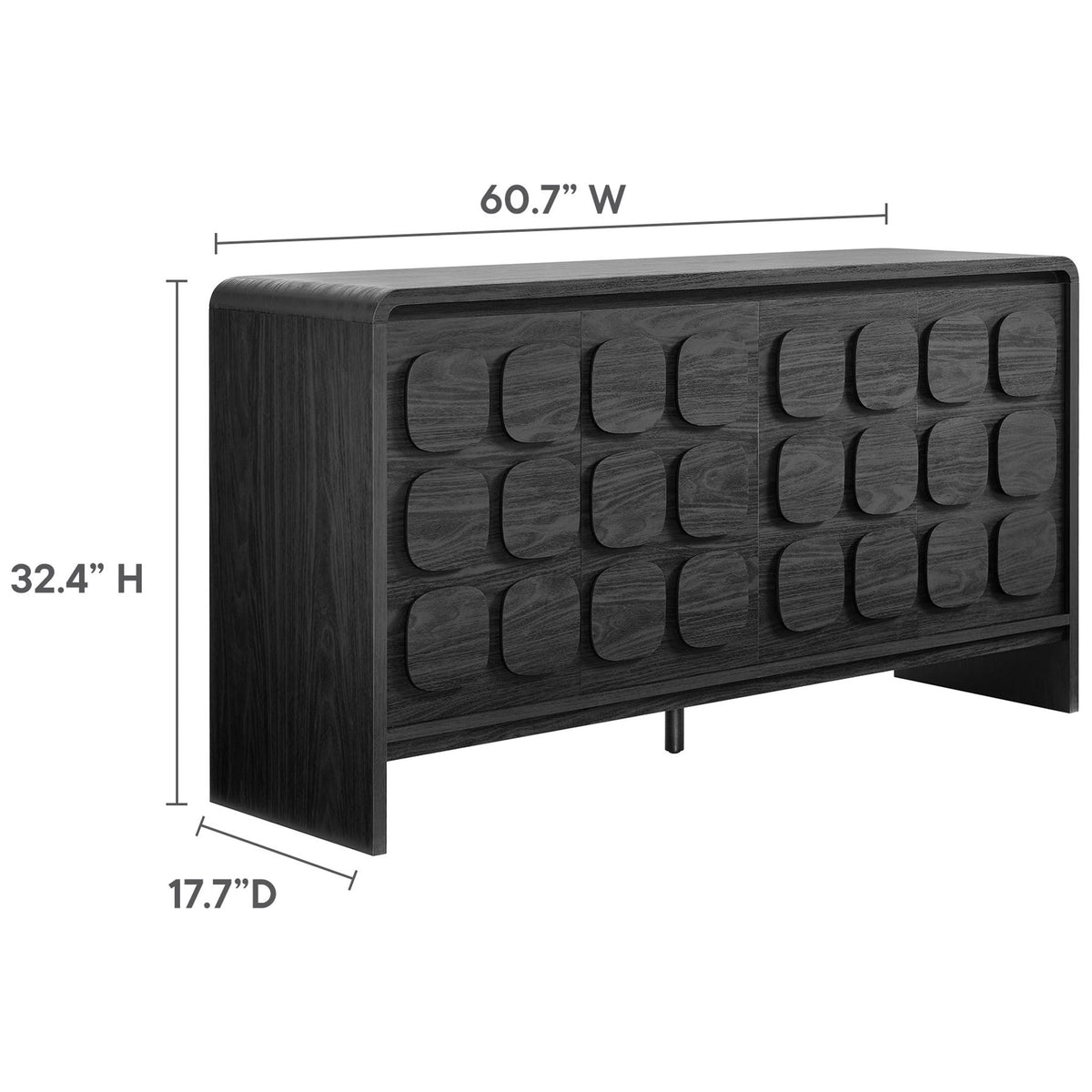 Dimension diagram of the black Toscana sideboard with labeled height, width, and depth measurements || EEI-6862-BLK || dimension_studio
