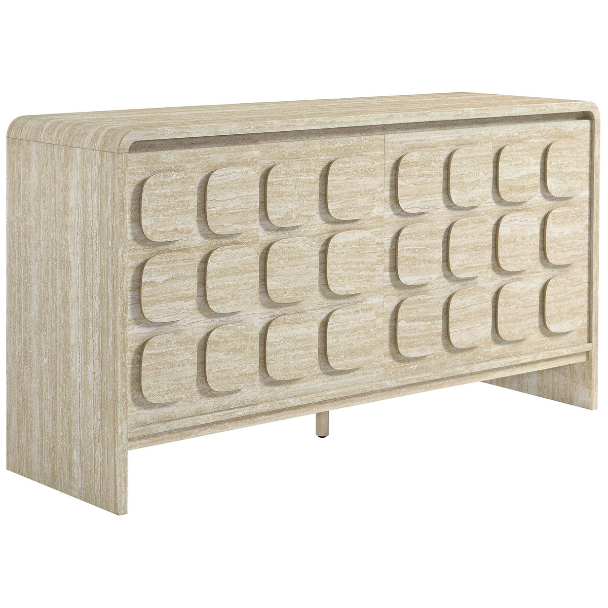 Mid-century inspired sideboard with rounded corners and sculpted travertine-look panels || EEI-6862-TRA || front_angle_studio