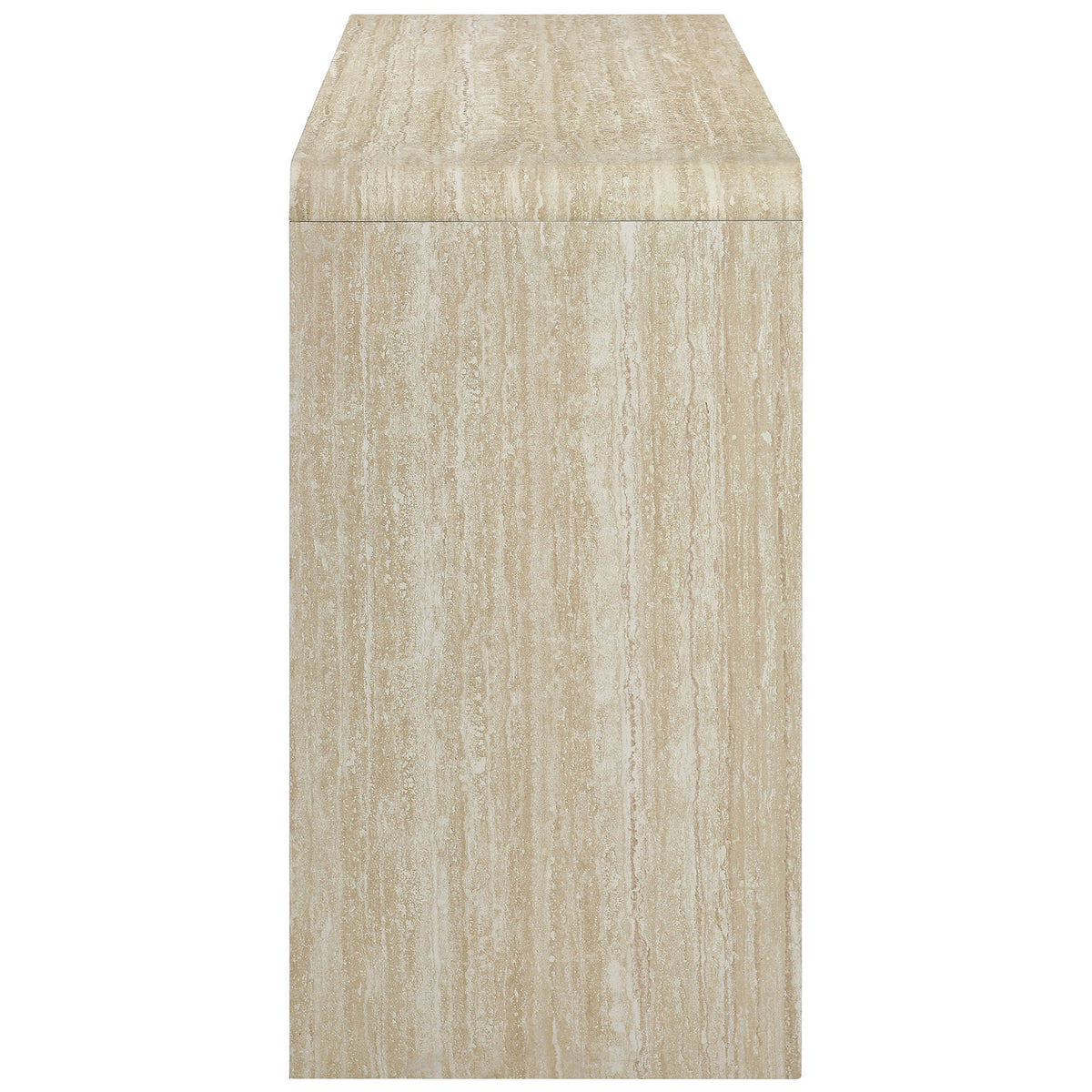 Slim profile view of the travertine-look sideboard highlighting smooth rounded edges || EEI-6862-TRA || side_studio