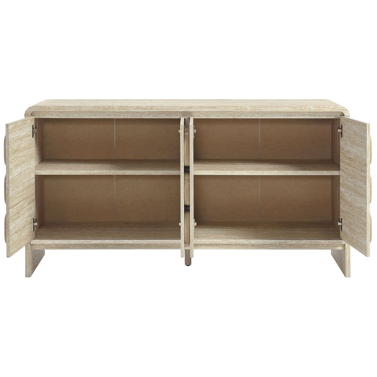 Sideboard doors open to reveal two spacious cabinets with adjustable shelves for flexible storage || EEI-6862-TRA || front_open_studio