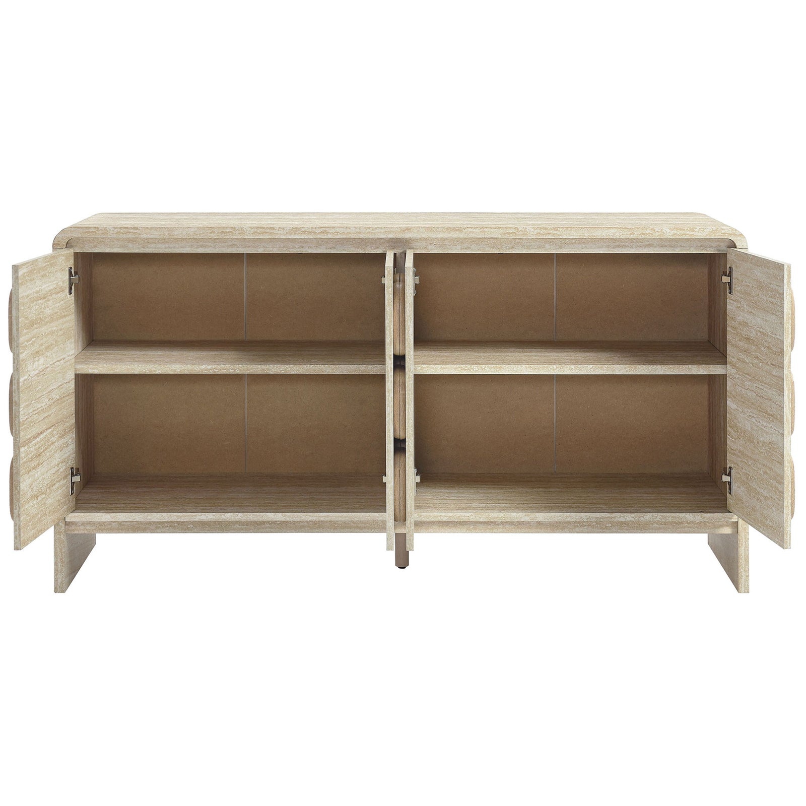 Sideboard doors open to reveal two spacious cabinets with adjustable shelves for flexible storage || EEI-6862-TRA || front_open_studio