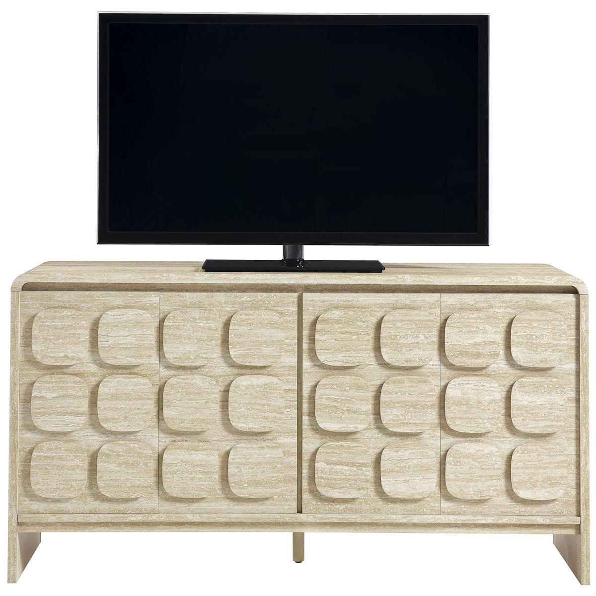 Modern travertine-look sideboard used as a media console supporting a flat screen TV || EEI-6862-TRA || front_studio