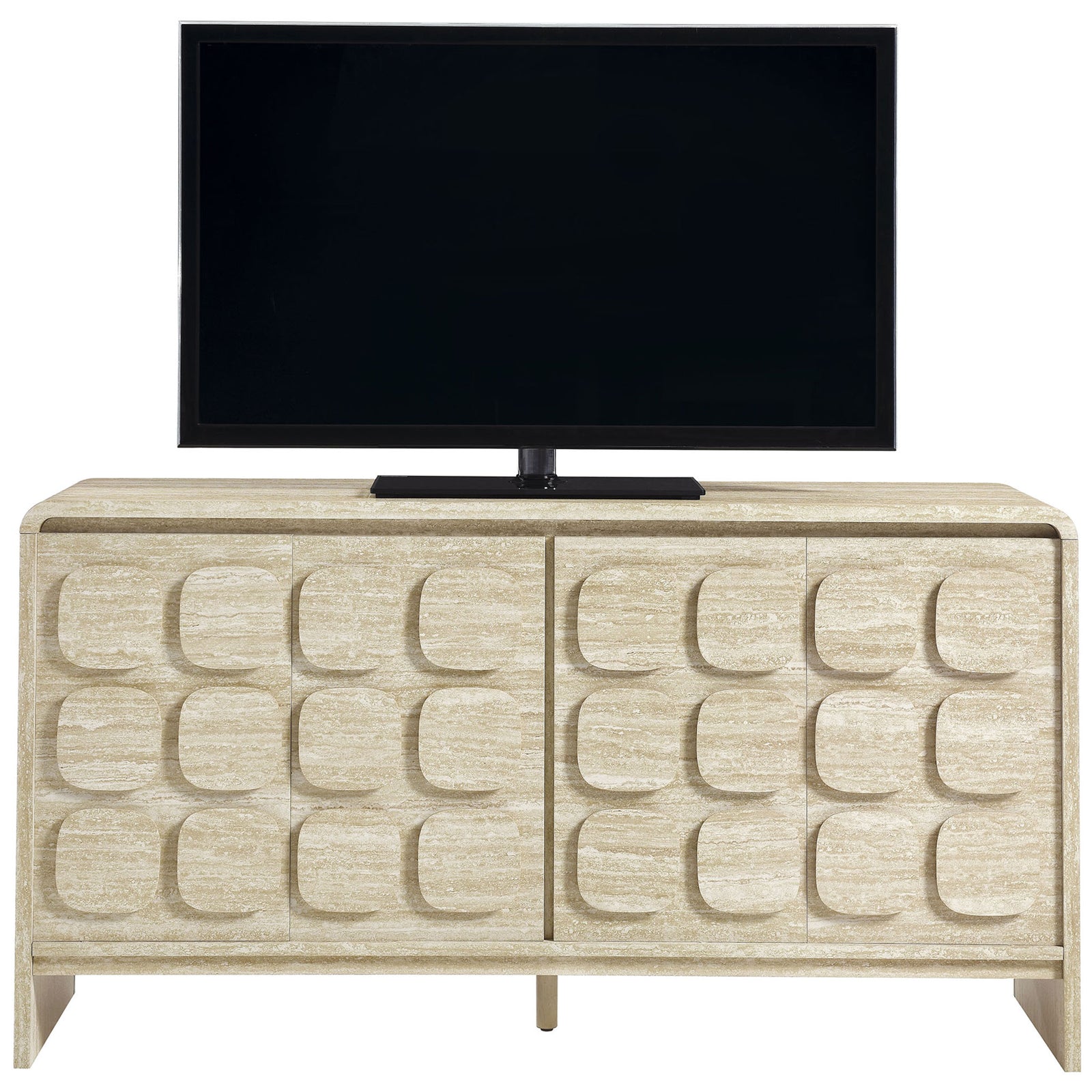 Modern travertine-look sideboard used as a media console supporting a flat screen TV || EEI-6862-TRA || front_studio