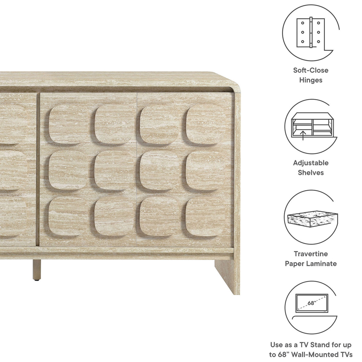 Feature graphic highlighting soft close hinges, adjustable shelves, and travertine paper laminate construction || EEI-6862-TRA || callout_studio