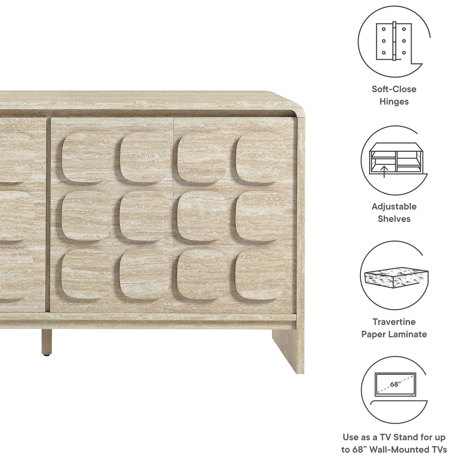 Feature graphic highlighting soft close hinges, adjustable shelves, and travertine paper laminate construction || EEI-6862-TRA || callout_studio