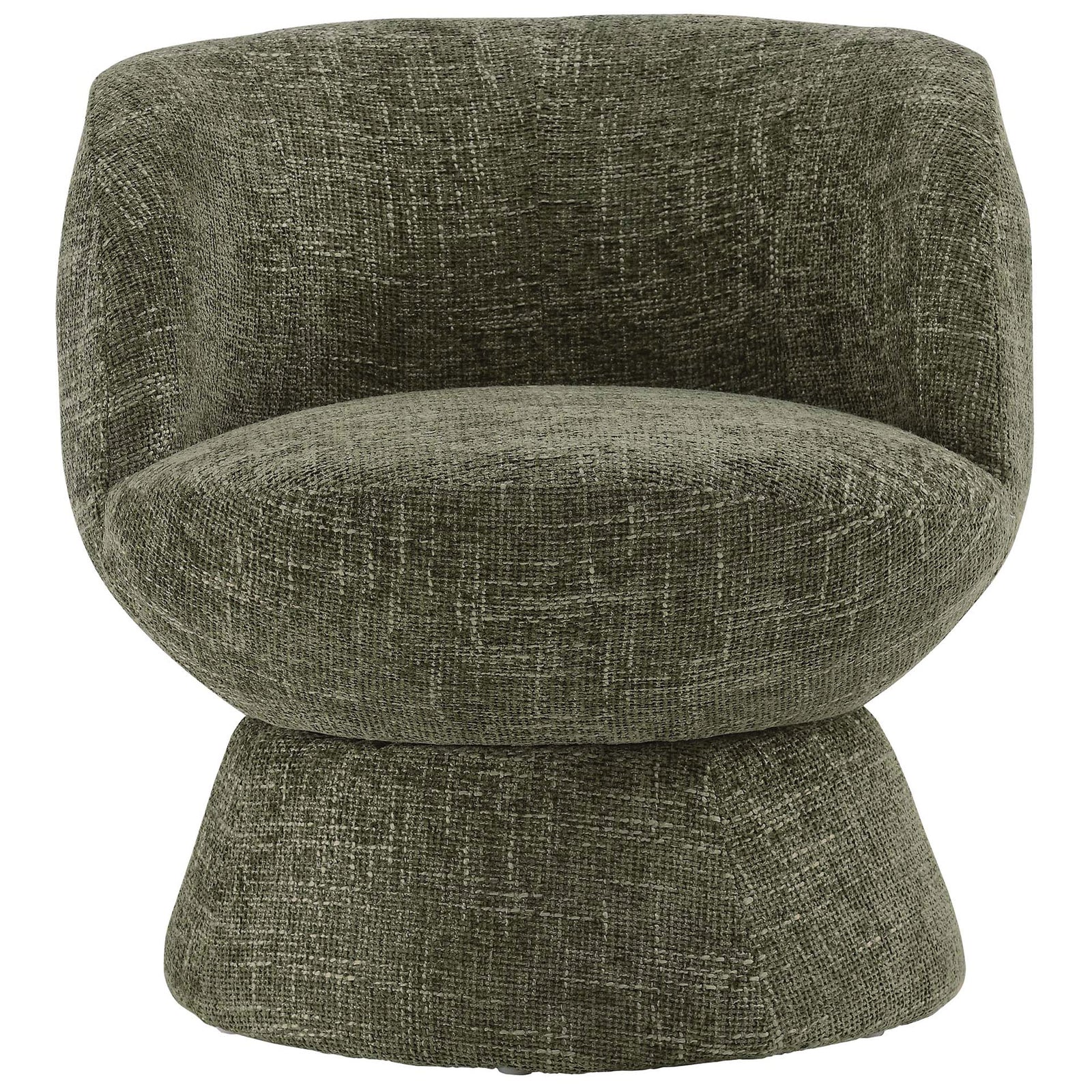 Rounded barrel silhouette in basil chenille with cozy cushion and smooth swivel pedestal base || EEI-6863-BAS || front_studio