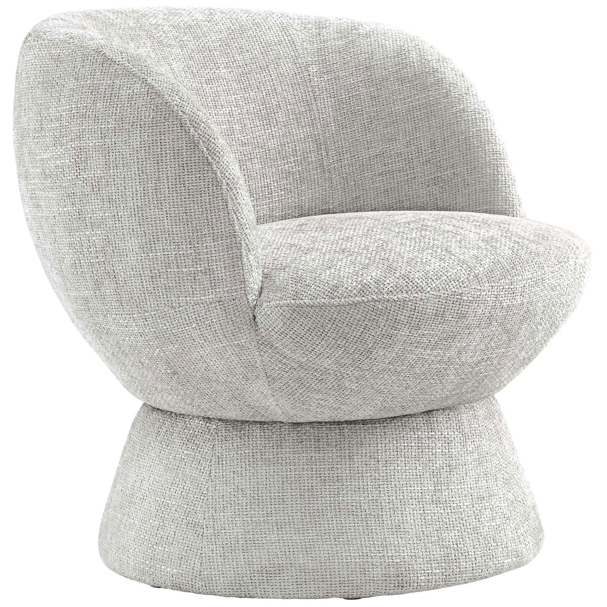 Modern swivel armchair with rounded silhouette and textured chenille upholstery for cozy, chic seating. || EEI-6863-DOV || front_angle_studio