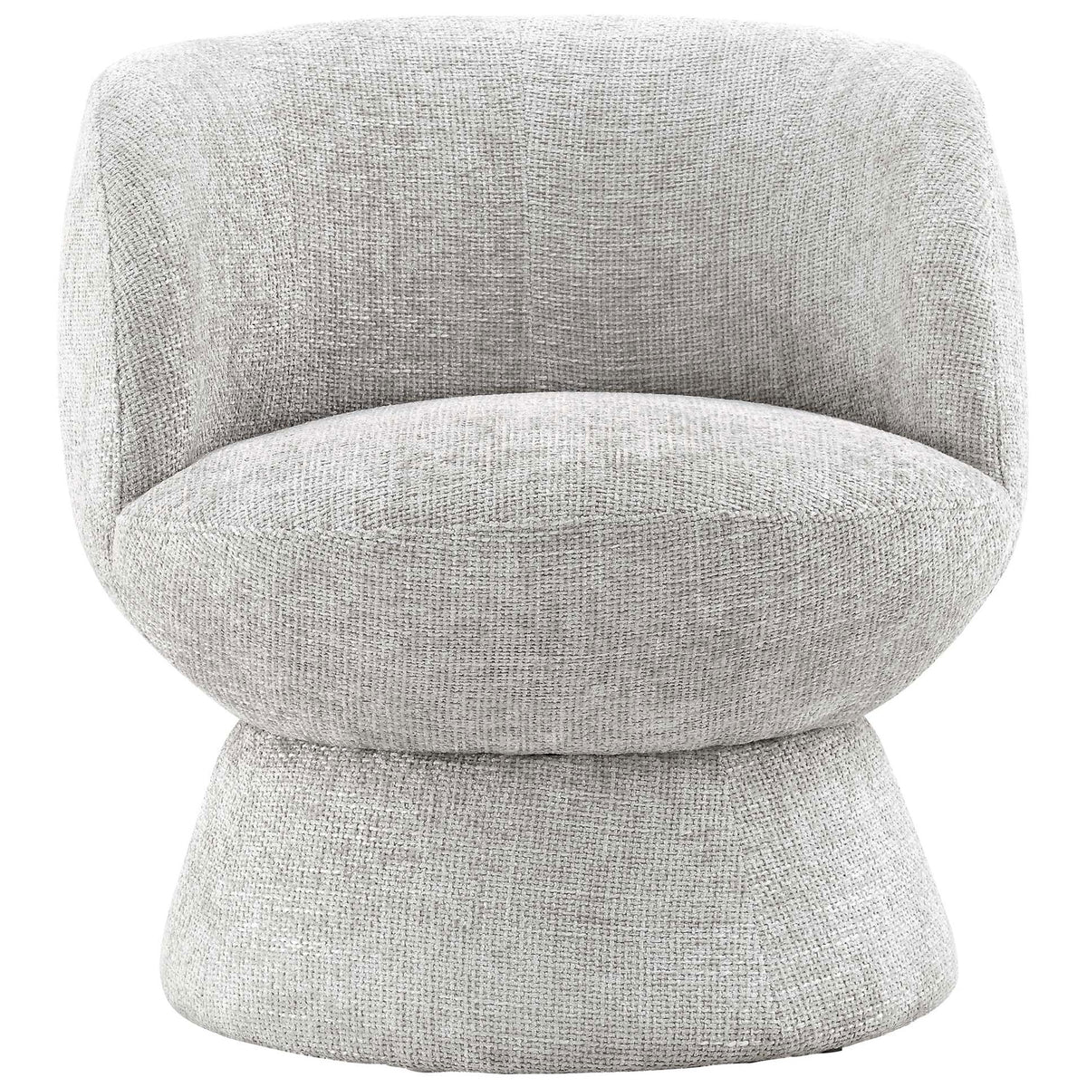 Plush dove gray chenille barrel chair with 360-degree swivel, tailored curves, and supportive foam comfort. || EEI-6863-DOV || front_studio