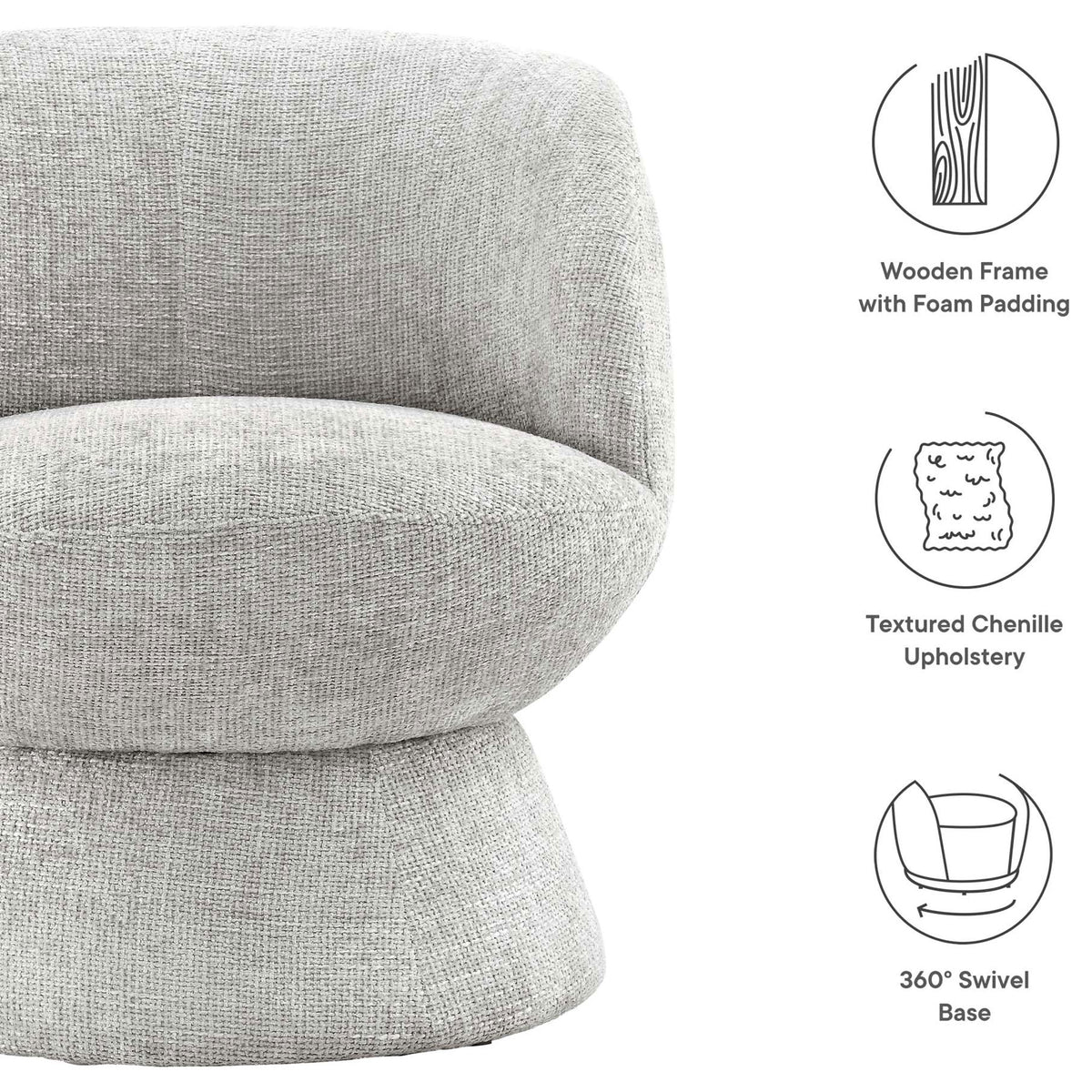 Durable wooden frame, textured chenille upholstery, and a smooth 360-degree swivel base. || EEI-6863-DOV || callout_studio