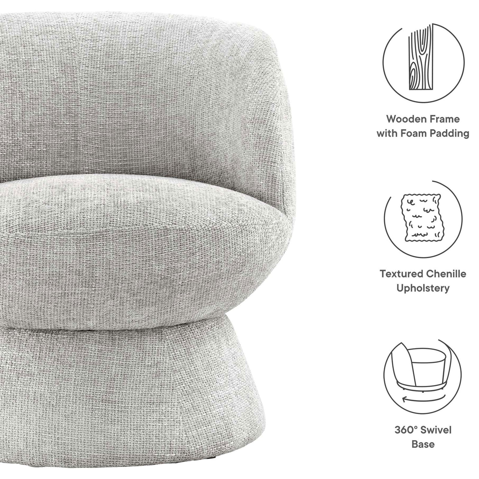 Durable wooden frame, textured chenille upholstery, and a smooth 360-degree swivel base. || EEI-6863-DOV || callout_studio