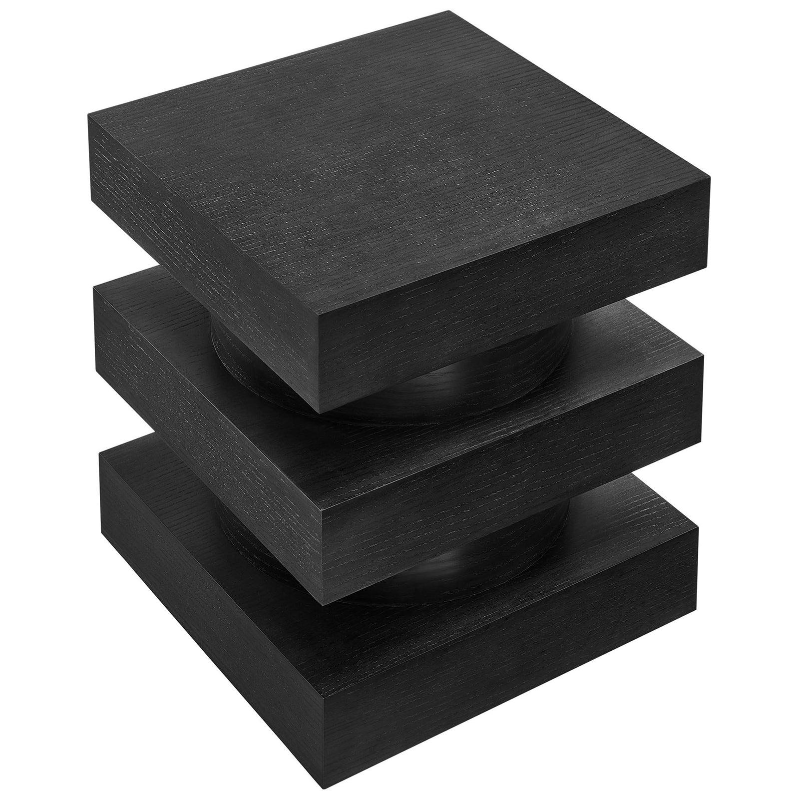Geometric black side table showcasing the broad square top and layered totem-inspired profile. || EEI-6864-BLK || top_angle_studio